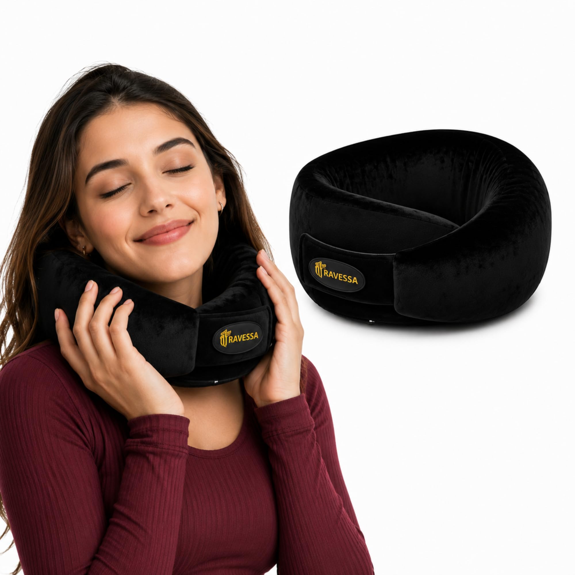 TRAVESSA Memory Foam Neck Pillow: Premium Travel Neck Pillow, Ergonomic Airplane Neck Pillows for Pain Relief. Adjustable & Washable with Free Travel Pouch-Soft Black.-image-26