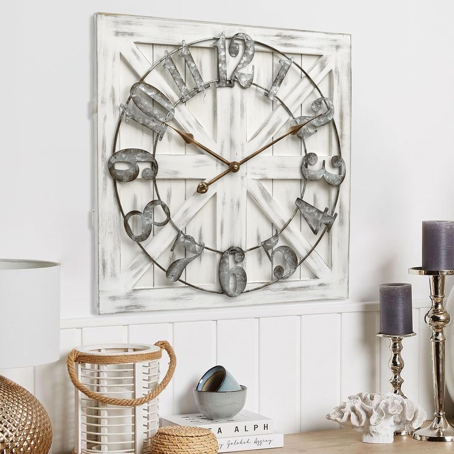 Large Farmhouse Wall Clock – 24 Inch White Square Rustic Wooden Clock with Decorative Reversible Wooden Sign, Perfect for Any Space and Ideal Gift