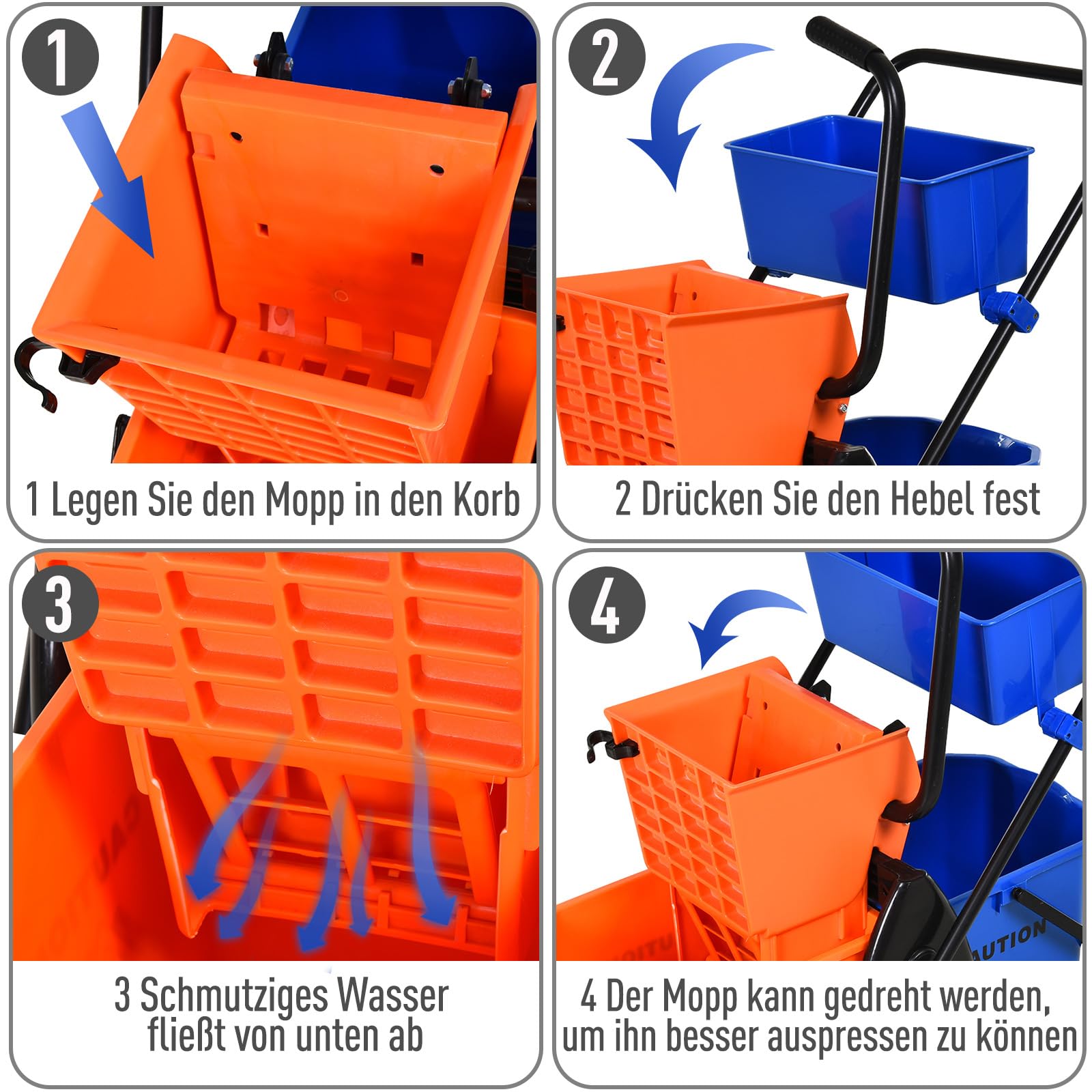 HOMCOM Putzwagen Reinigungswagen 26 Liter Wischwagen mit Wischmopp-Presse Orange