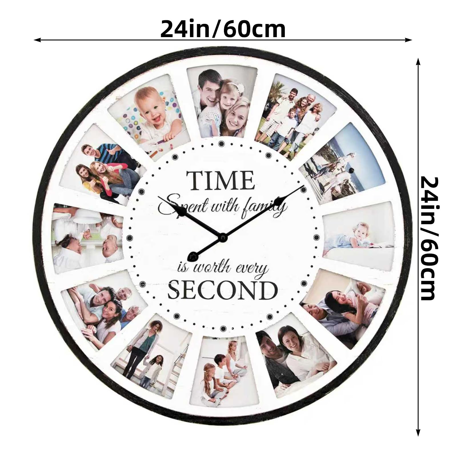Spersonalizowany 12 zdjęć kolaż rustykalny drewniany zegar ścienny, 61 cm, bardzo duży z wybieloną drewnianą ramą, do domu, kuchni, salonu, nietykający, cichy, zasilany bateriami