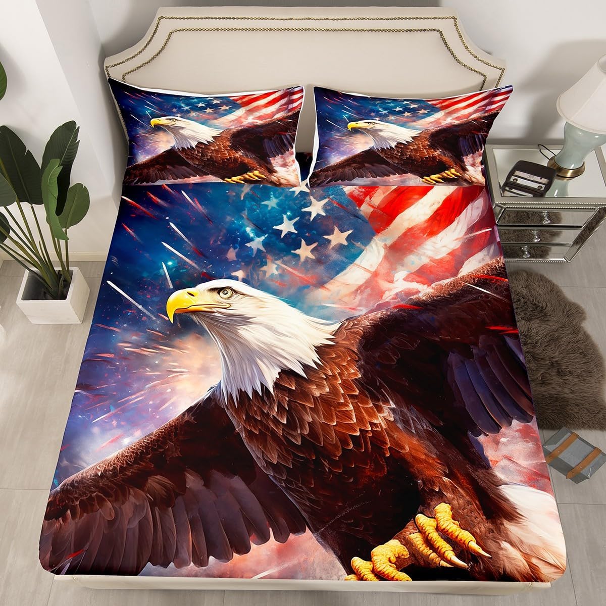 Eagle Kids Fitted Sheet Queen Size,American Flag Firework Bedding Set,Boys Girls Room Decor,Wildlife Jungle Animal Country Bed Cover,Red Blue Bed Sheet,2 Pillowcases