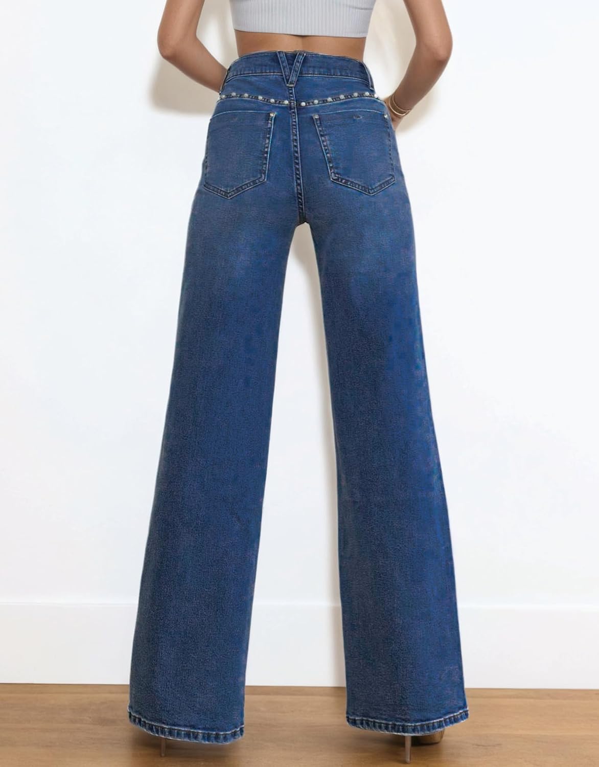 Kedera Women's High Waisted Jeans Stretchy Pearl Beaded Jeans Wide Leg Casual Denim Trousers Y2K Trendy Baggy Pants - Image 2