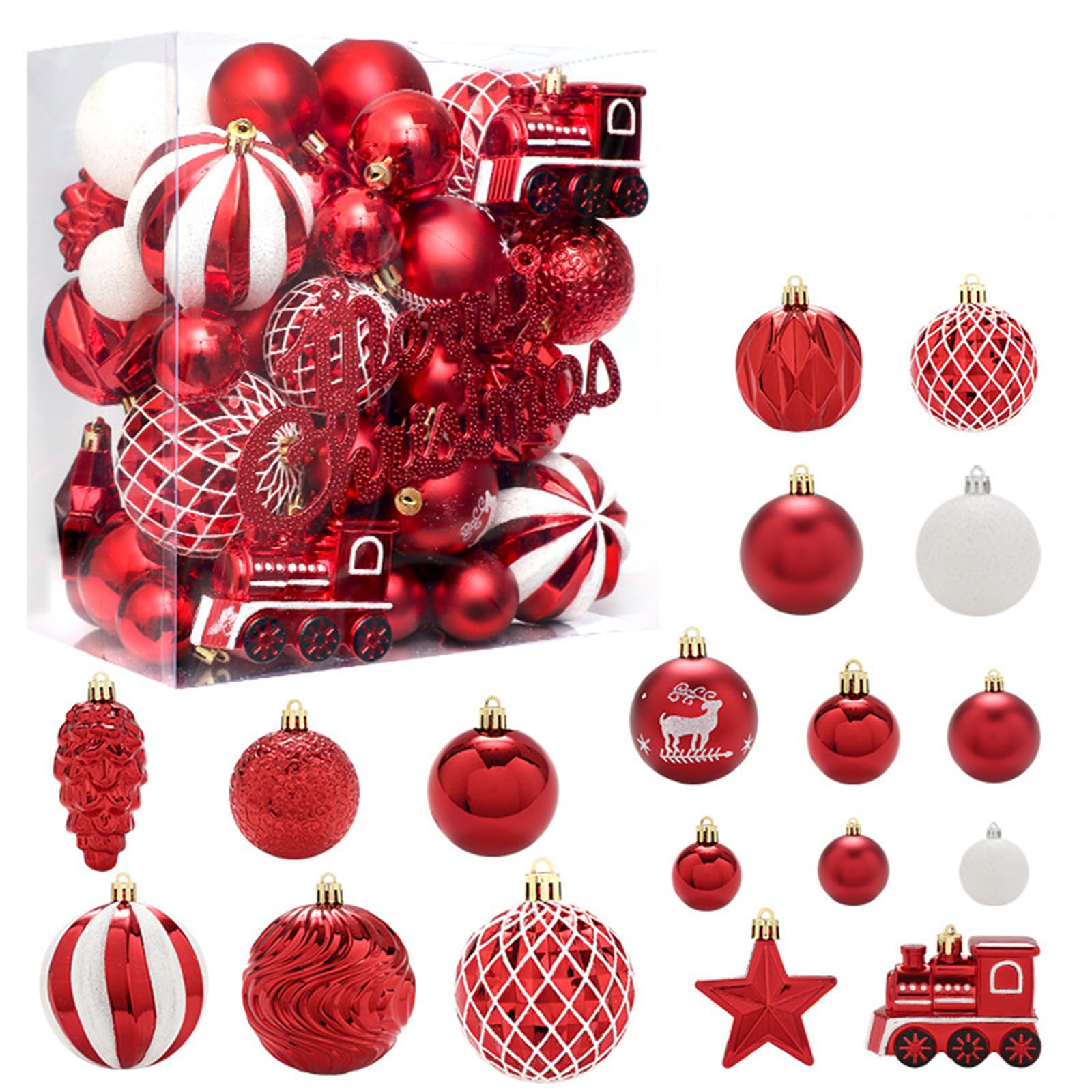 Ornamenti Palla di Natale,65PCS Natale Baubles Palle Infrangibile Plastica Ornamenti Appesi Decorazioni per Xmas Tree Holiday Party Decorazione (Rosso)