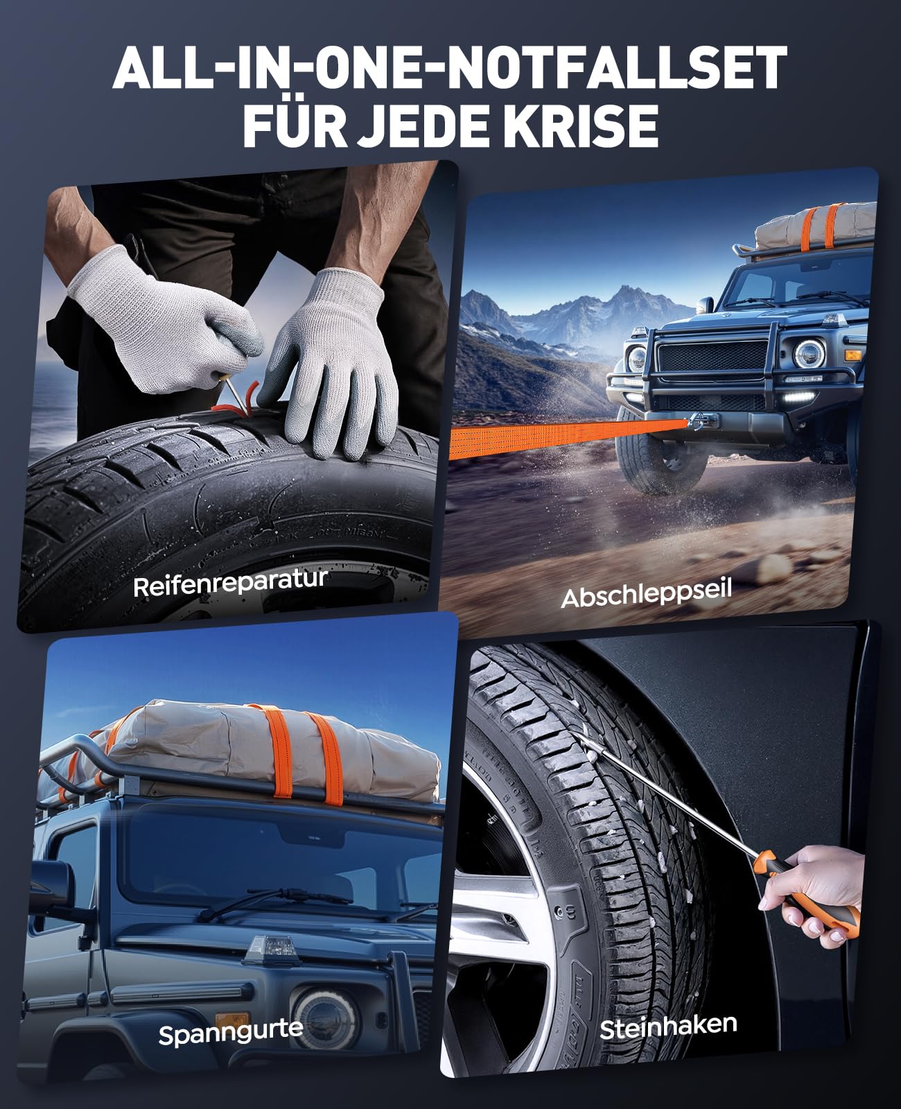 14-In-1 8000A Starthilfe Powerbank für Pkw mit Kompressor 160PSI, 26800mAh Auto Starthilfe mit Notfall Kit, Starter Powerbank für All Benzin/12L Diesel, 5 LED-Licht, Reifenreparaturset, Notfallhammer