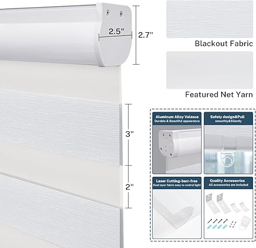 Miniatura 6 de PASOUN Persianas enrollables sin cordones de cebra con doble capa, control de luz, transparentes y privacidad para ventanas, persianas aisladas,