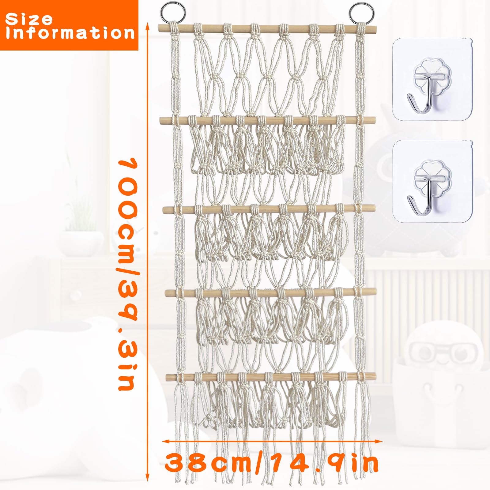 Filet à Suspendre Pour Peluches - Hamac De Rangement 4 étages En Bois Et Corde, 100x38 Cm - Gain De Place, Salon, Chambre Enfant
