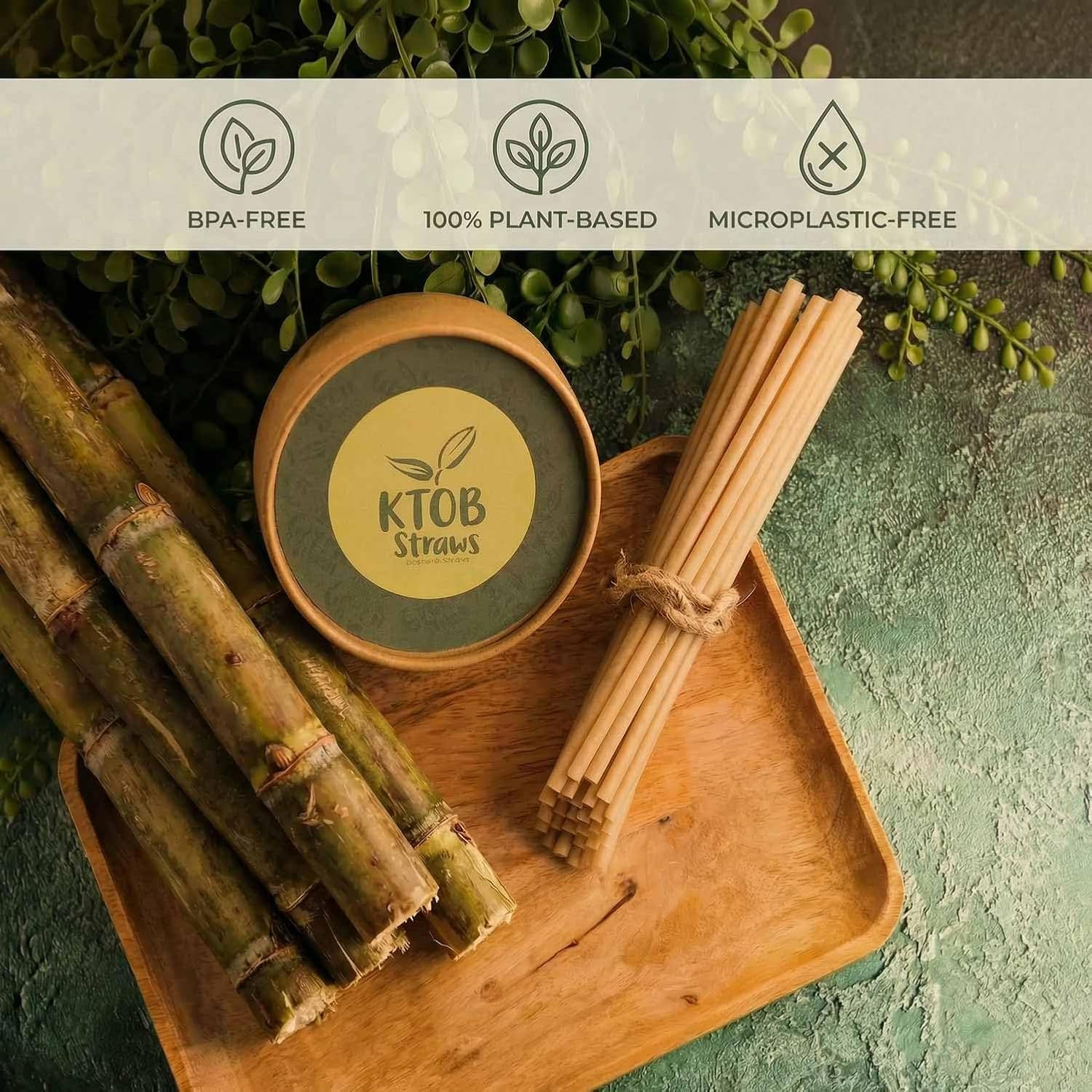 KTOB 200 Count Compostable Sugarcane Straws - 100% Plant-Based, Disposable Drinking Straws for Hot & Cold Beverages