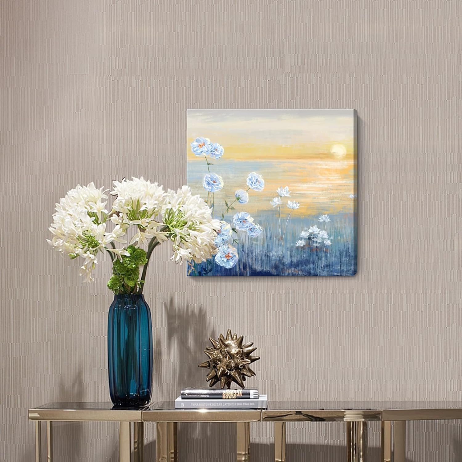 Blue Ocean Sunset Framed Wall Art Abstract Coastal Wild Flowers Beach Picture Sunrise With Yellow Orange Sky Natural Seascape Canvas Print White Wildflowers Sea Landscape Seaside Artwork 30x60inch