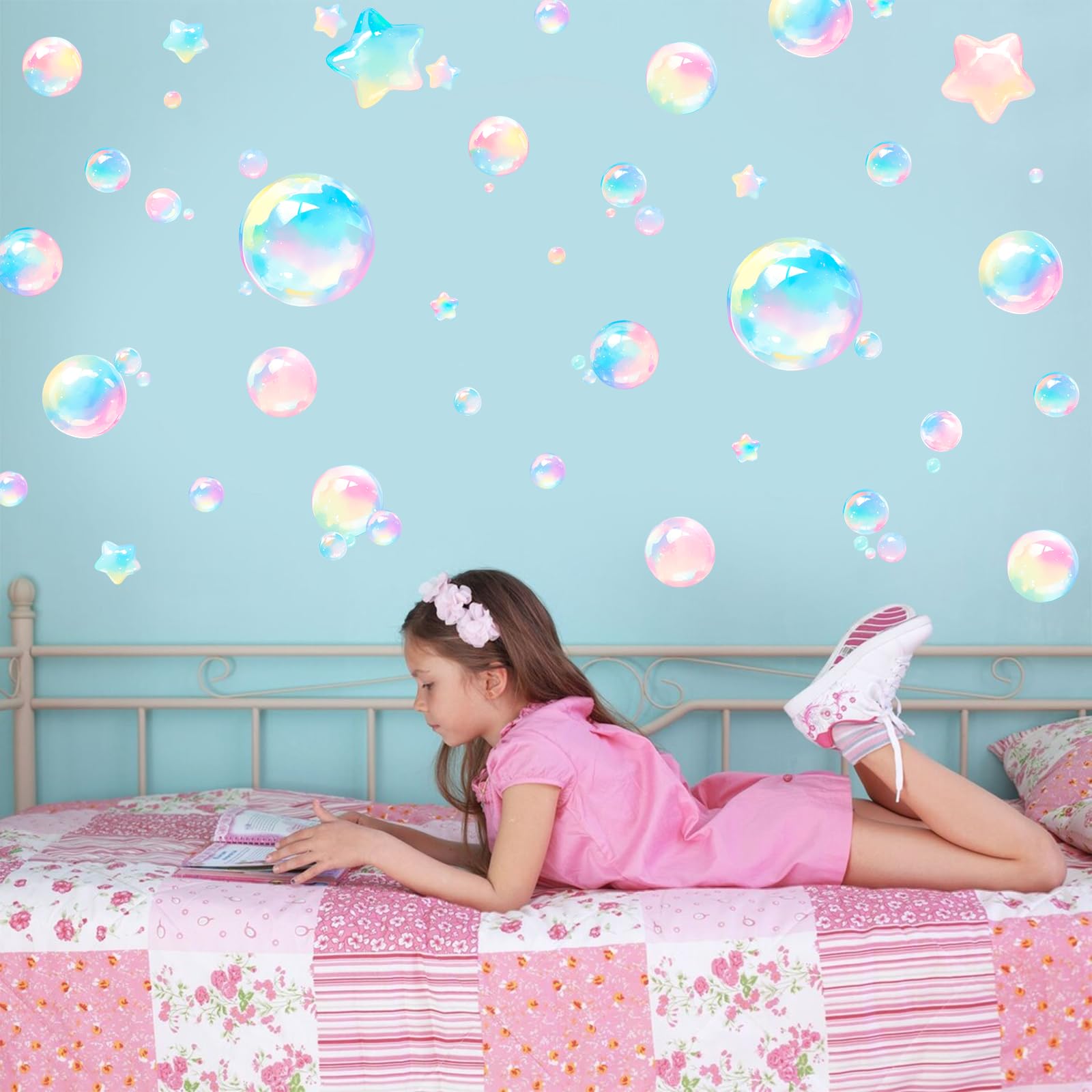 Autocollants muraux bulles irisées et étoiles arc-en-ciel pour chambre d'enfant