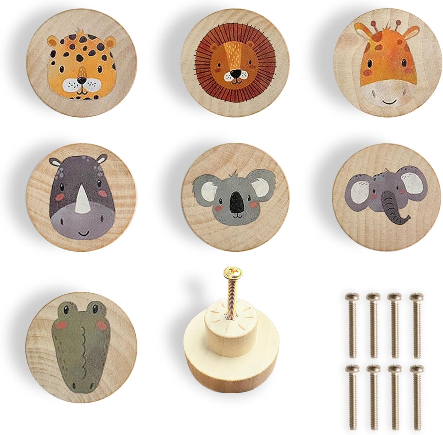 Animal Wood Dresser Cabinet Drawer Knobs Round Unique Decorative Wooden Drawer Knobs for Kids Cabinets (8, Log Color)