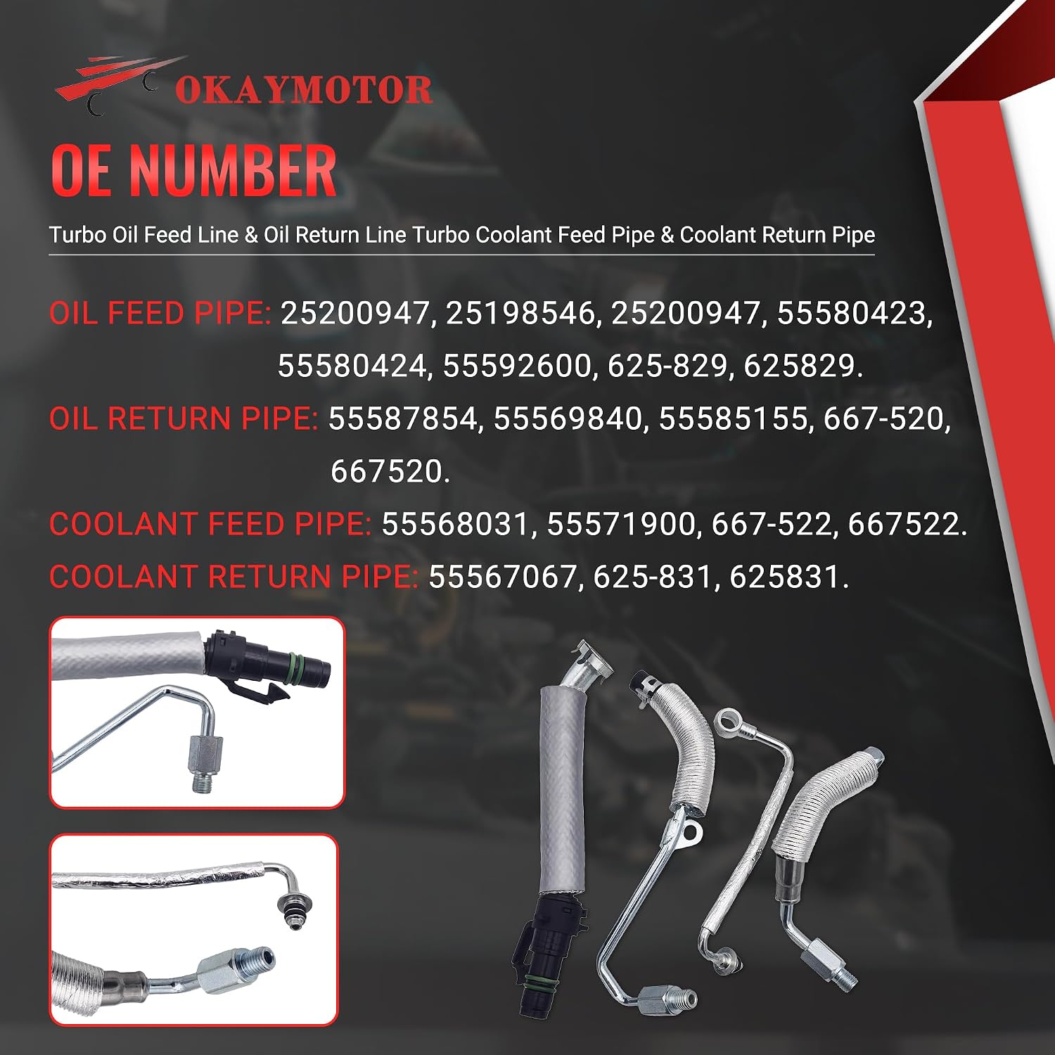 OKAY MOTOR Turbo Oil Feed Line & Oil Return Line Turbo Coolant Feed Pipe & Coolant Return Pipe for 2011-2021 Buick Encore Chevrolet Cruze Sonic Trax 1.4L 25200947 55587854 55568031 55567067