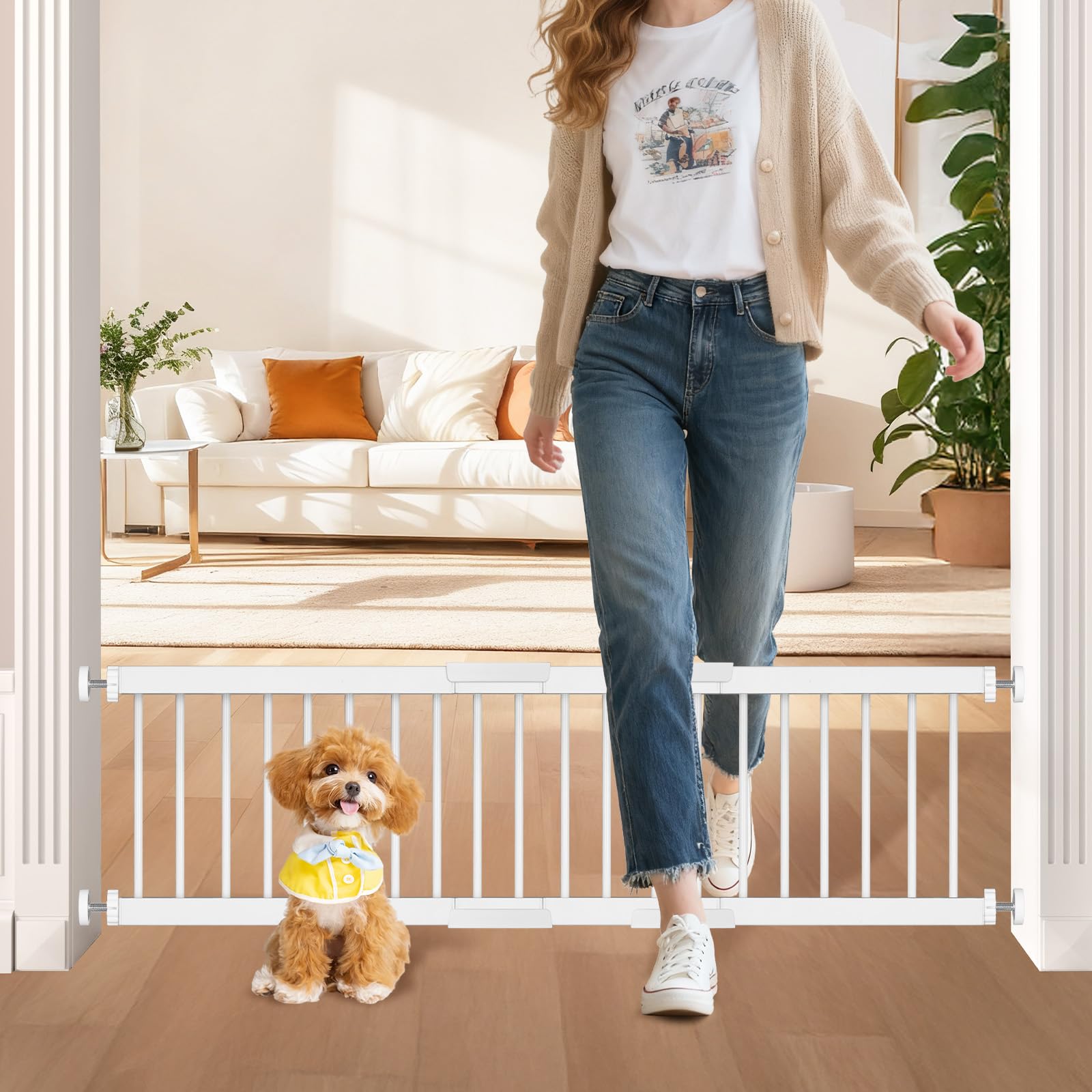 Dog Gate - 14" Tall Puppy Safety Pet Gates Easy to Step Over, Short Dog Gates,16.5"-44" Adjustable Extra Wide, Metal Doggy Door for Passageway Stairs