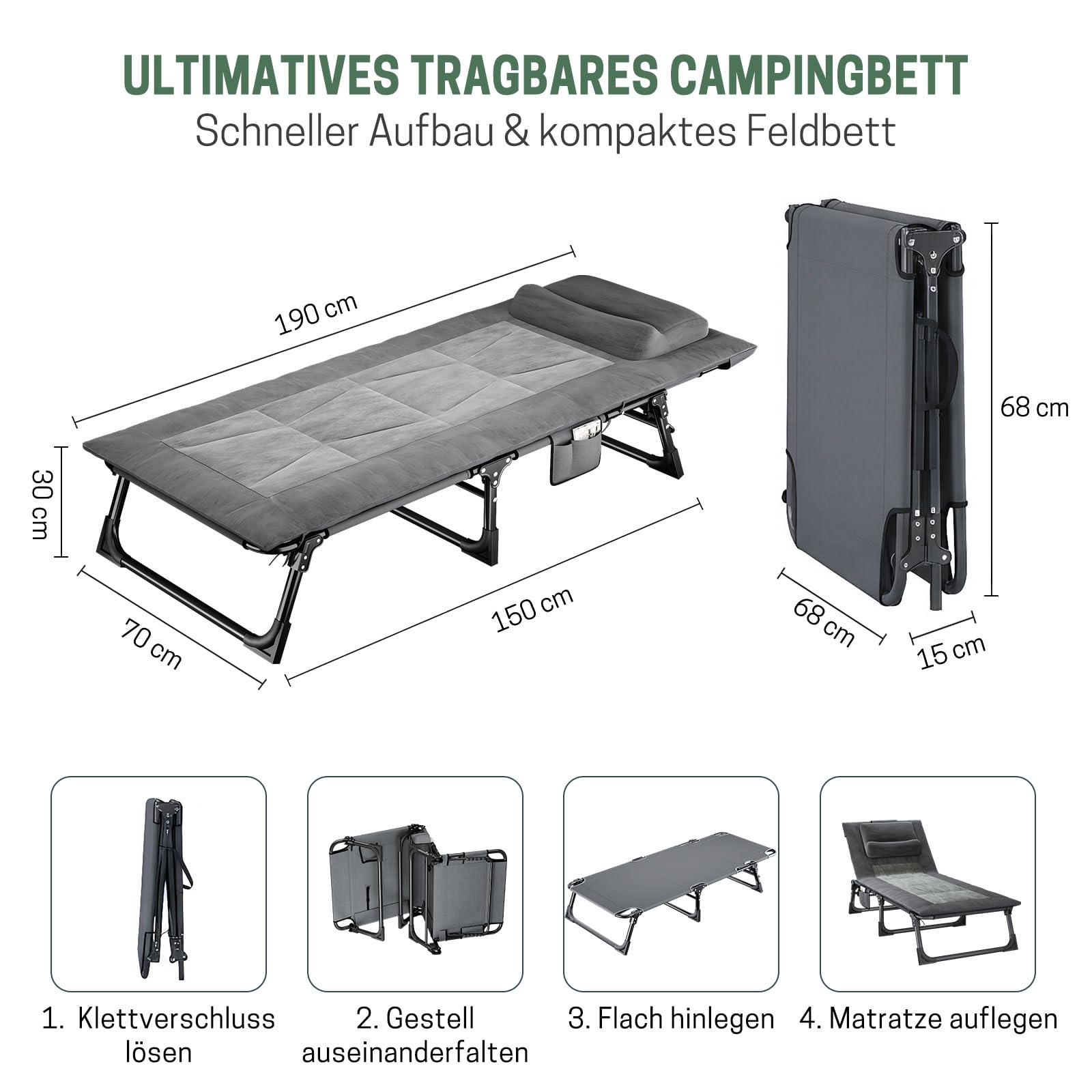 Klappbare Sonnenliege mit Verstellbarer Rückenlehne, Matratze & Kopfkissen - Tragbare Gartenliege für Pool, Terrasse, Camping, Grau