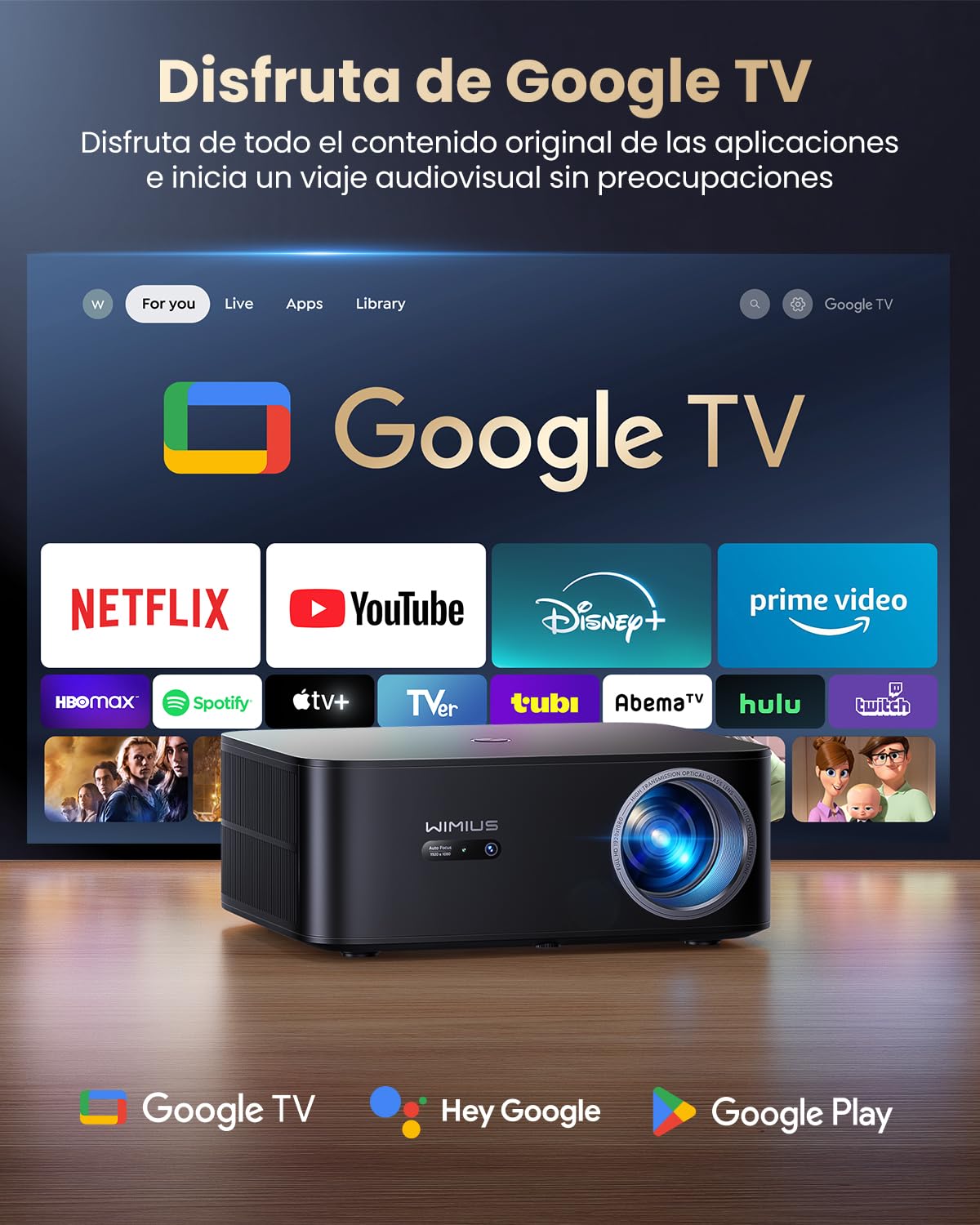 Proyector 4K【1500 ANSI/Google TV/Netflix Ready】 WiMiUS Proyector Full HD 1080P Nativo, Auto Focus/Keystone, WiFi 6&Bluetooth 5.2, Control de Voz Projector en Casa/Exterior (Negro)