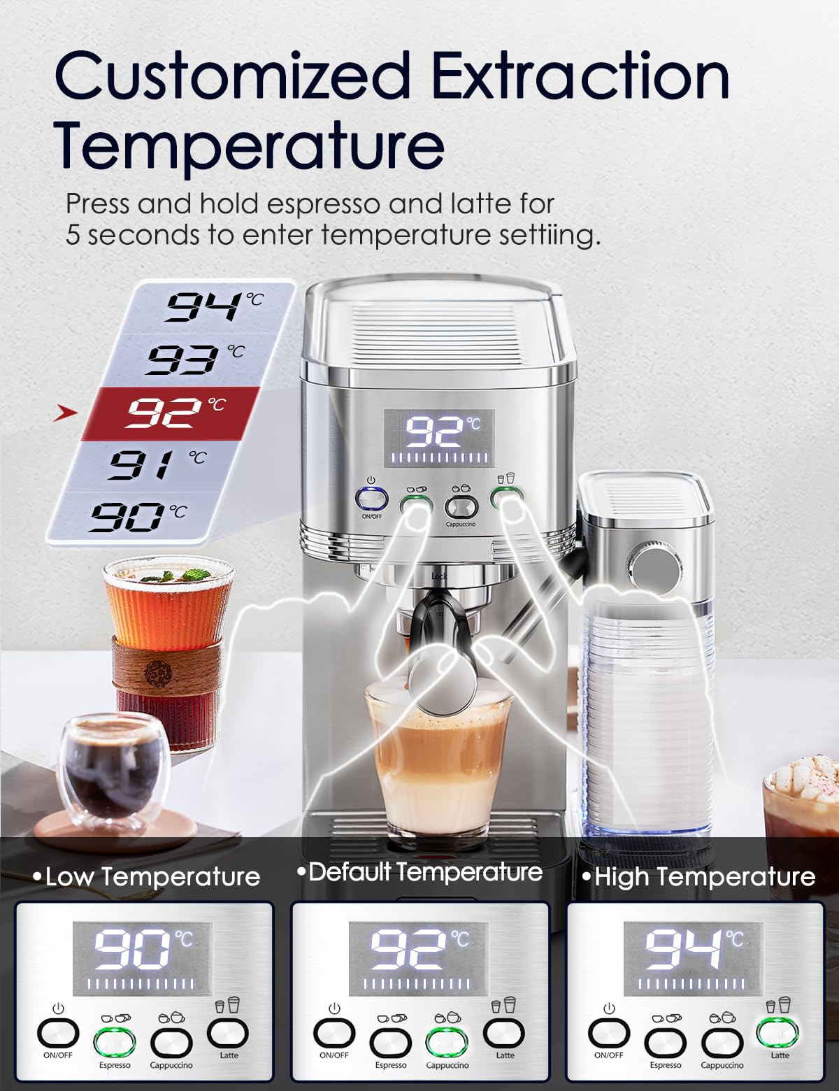 CAFELFFE 6-in-1-Espressomaschine, Siebträgermaschine mit Milchtank, Automatische Cappuccinomaschine mit Selbstreinigung und 3 Temperaturoptionen, 1,3 l Edelstahl