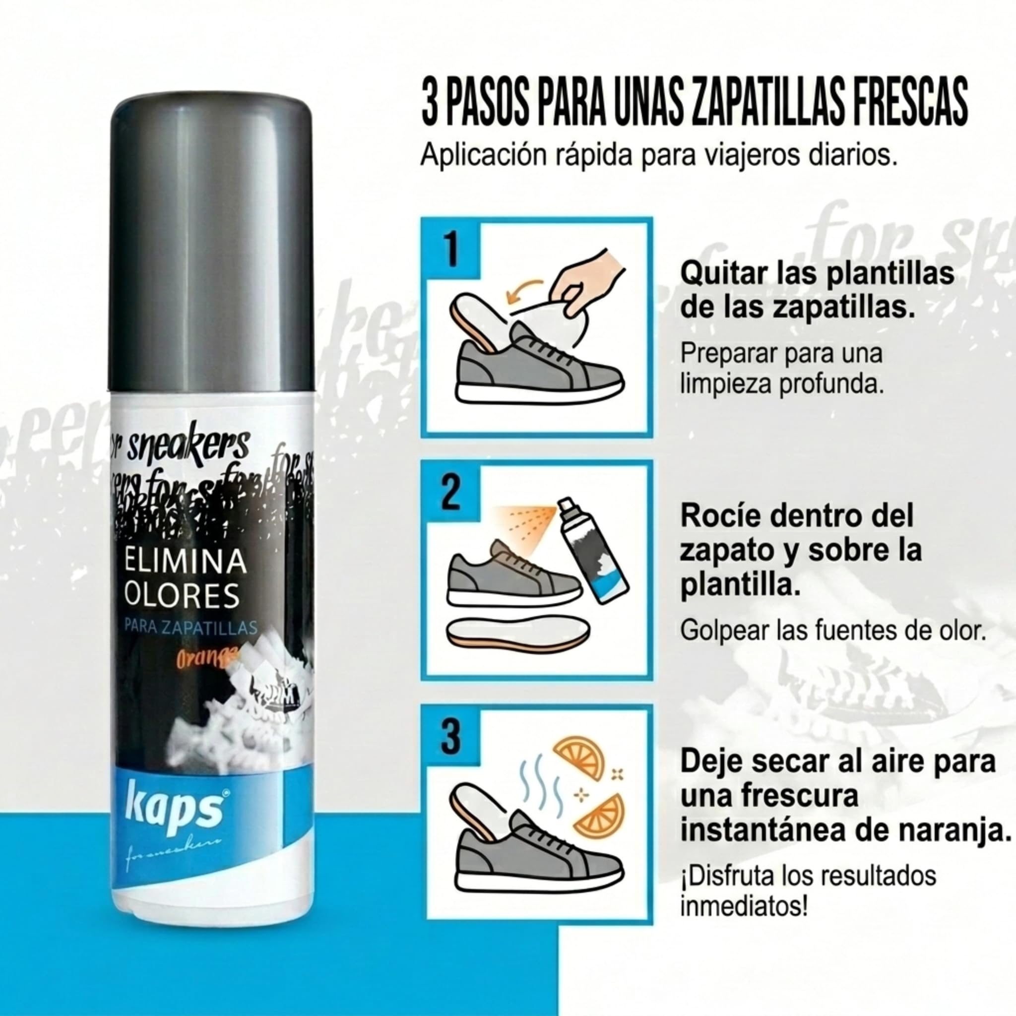 Kaps Desodorante Zapatos para Zapatillas y Calzado Informal, Aroma de naranja, con Nanopartículas de Plata, Eliminador de Olores de Zapatos