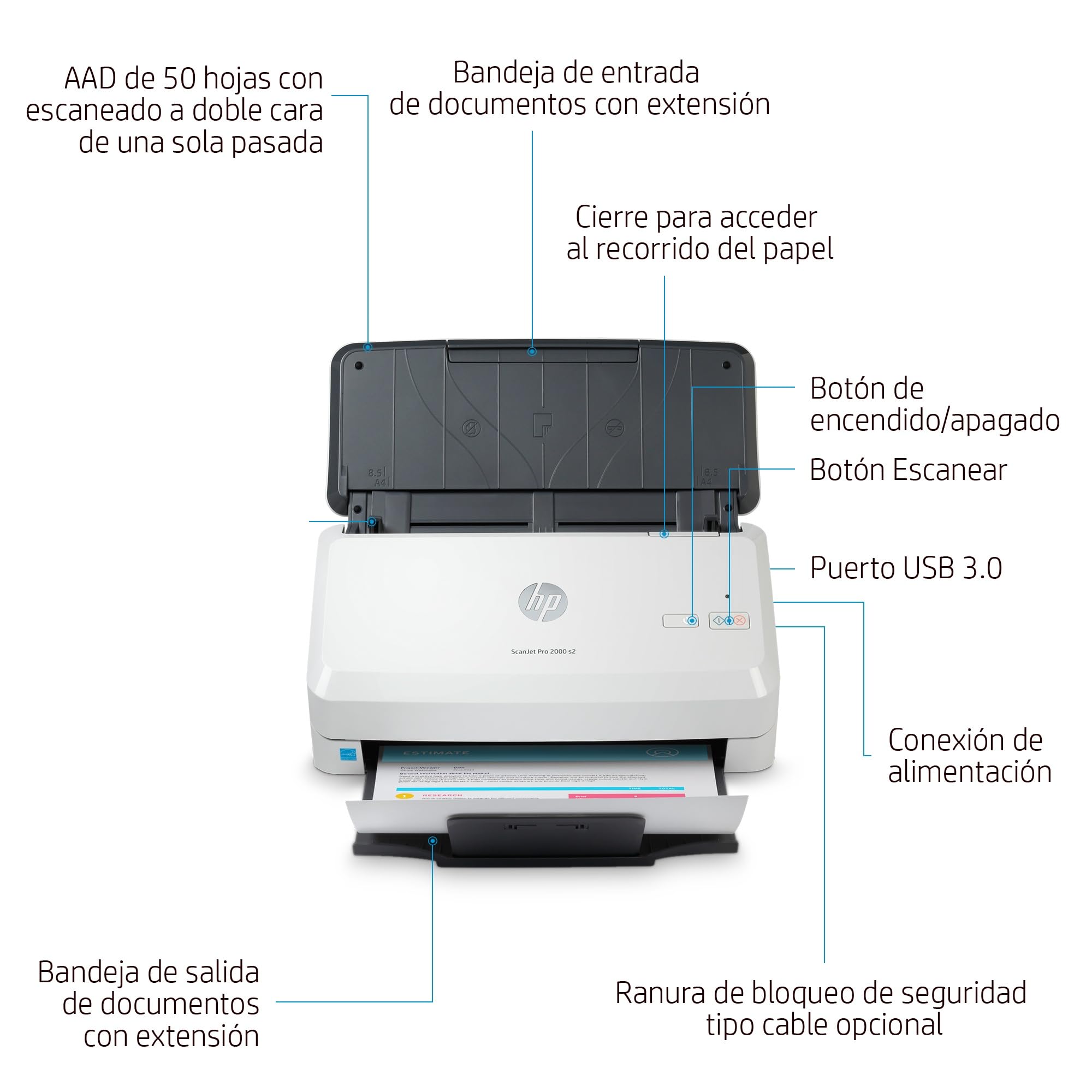 HP ScanJet Pro 2000 s2 Escáner Documentos ADF 50 Hojas Doble Cara 35 ppm 70 ipm USB 3.0 Gris