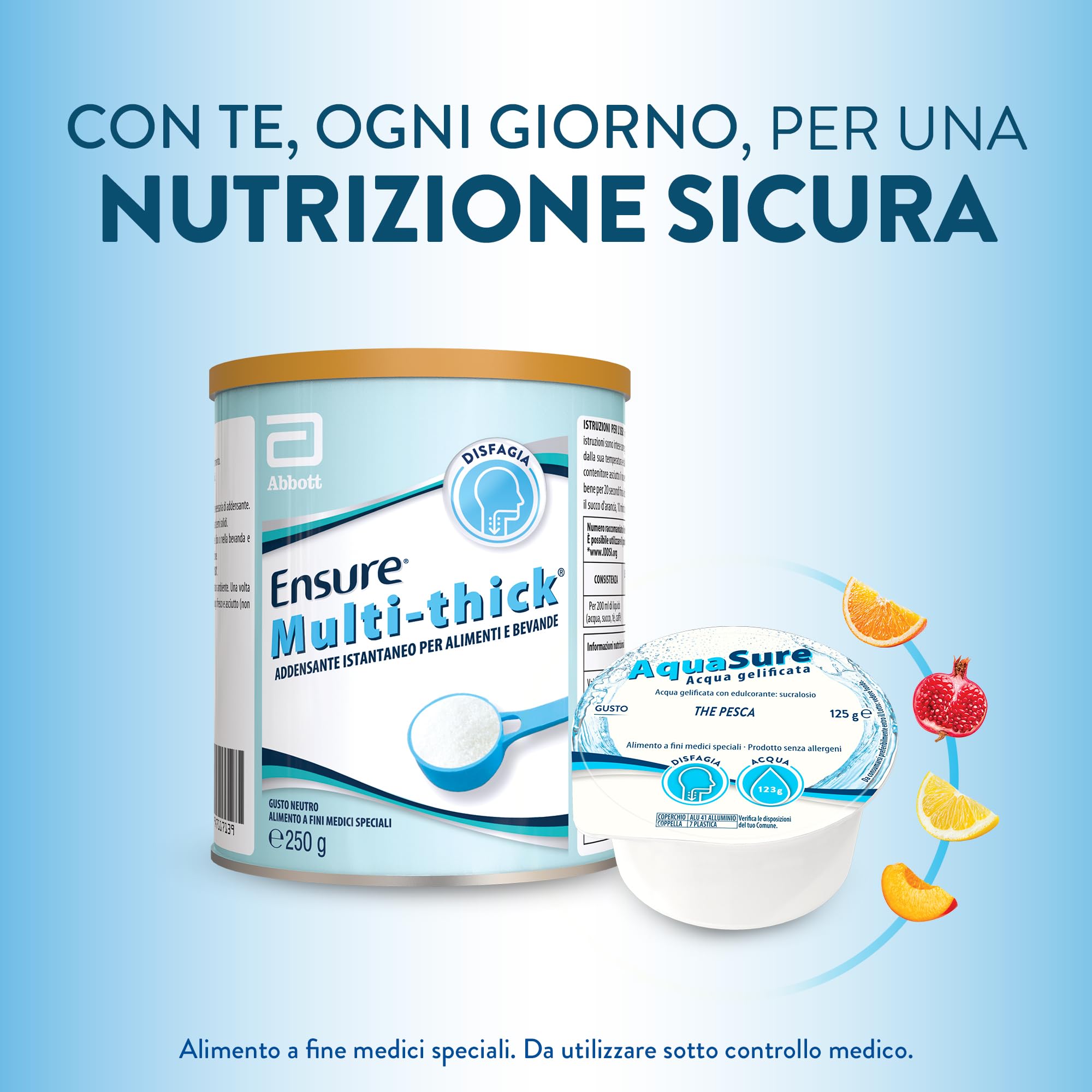 Abbott Nutrition | AquaSure 24 Confezioni x125 g | Acqua Gelificata per il trattamento dietetico di soggetti affetti da disfagia e problemi della deglutizione | gusto Pesca
