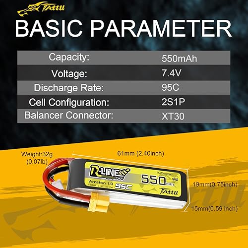 Miniatura 2 de TATTU R-Line 550mAh 7.4V 95C 2S Lipo Batería con XT30 Plug para FPV Racing Quadcopter