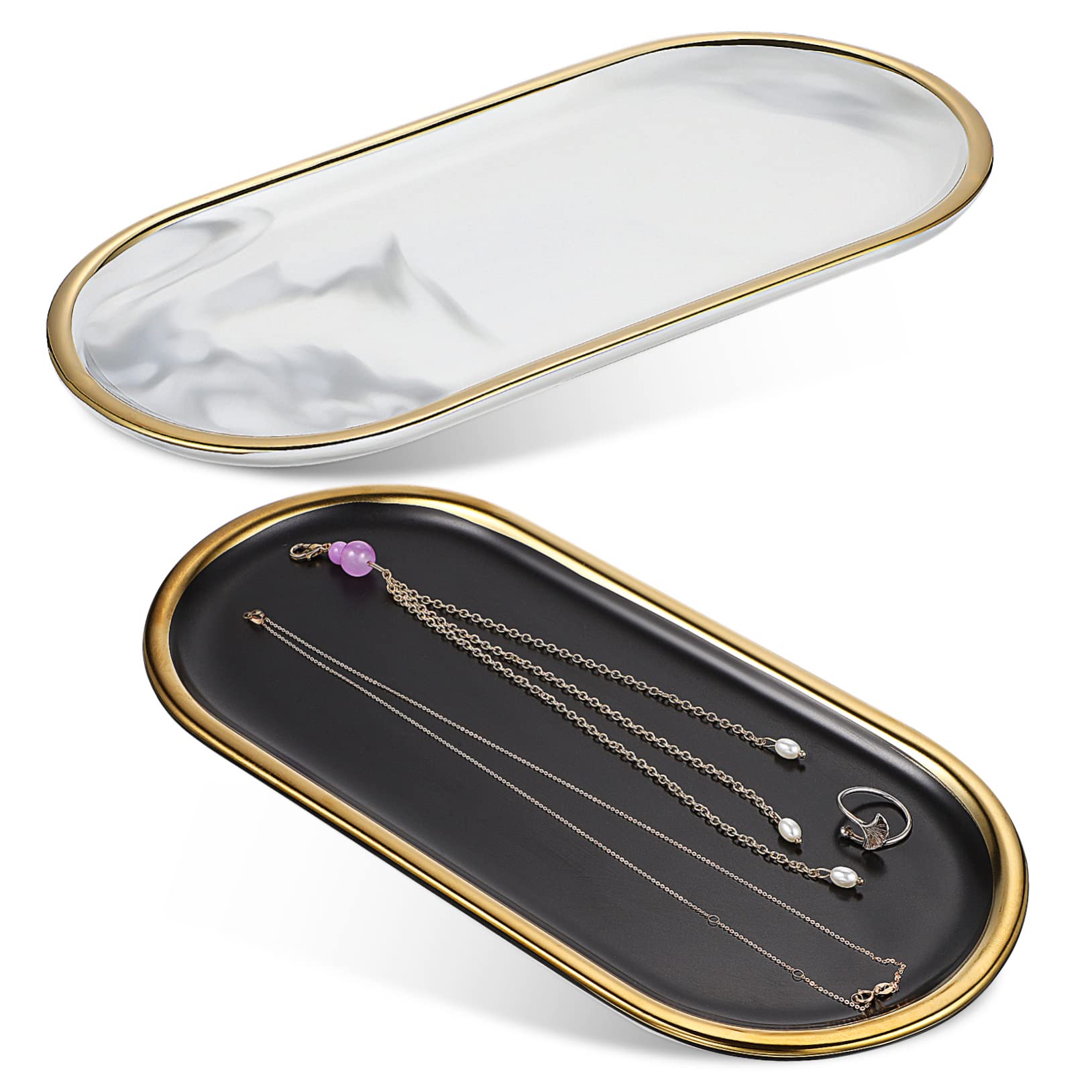 Lot de 2 Plateaux de Toilette en Marbre, Forme Ovale, Finition Brillante, pour Salle de Bain, Rangement Décoratif Élégant, Facile à Nettoyer
