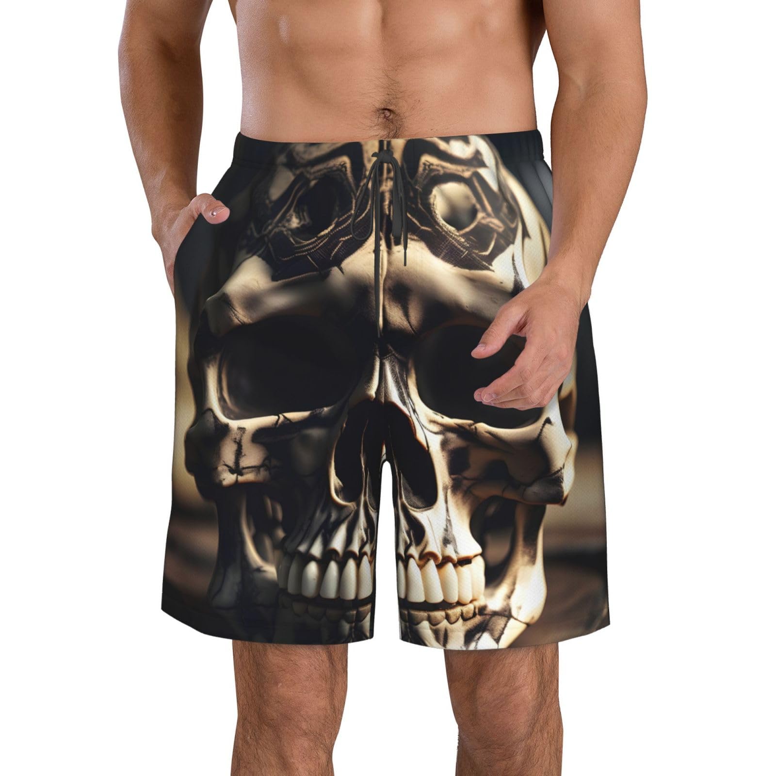 Skull Rock Roll Skeleton Bone Print Men's Beach Shorts,Summer Beach Vacation Yoga Golf Drawstring Shorts with Pockets White