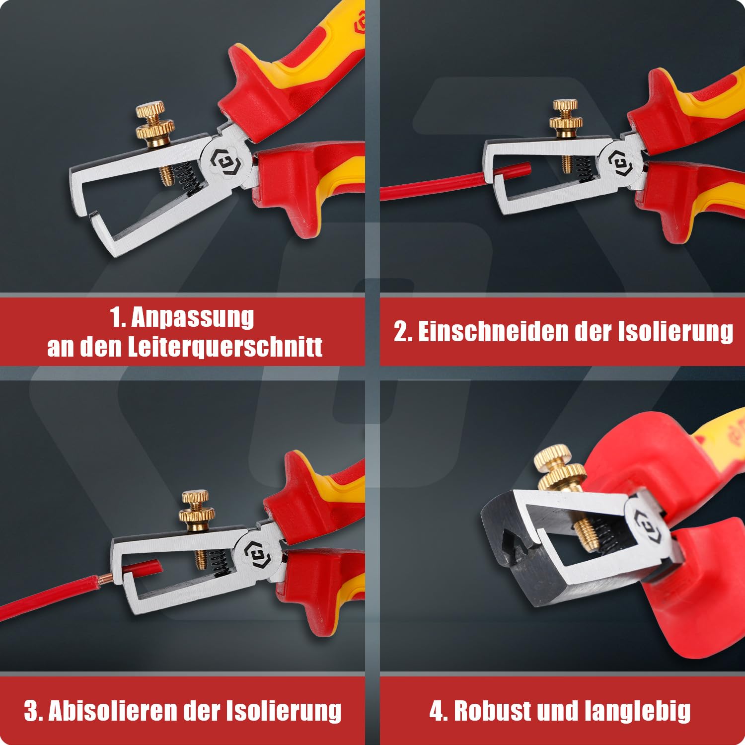 4 tlg VDE-isolierter Zangen-Satz, 1000V, inkl. 190mm Kombizange, 165mm Seitenschneider, 160mm Abisolierzange, 210mm Langnase & Spannungsprüfer,mit Aufbewahrungsbox für Profis