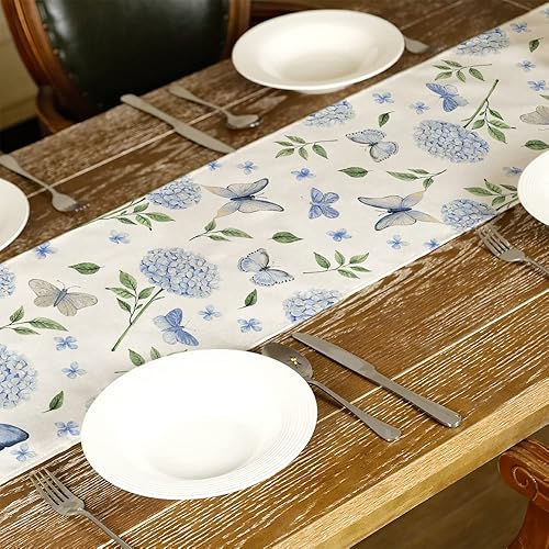 Miniatura 5 de ARKENY Camino de mesa de verano con flores de hortensias de mariposa de 13 x 60 pulgadas, decoración de primavera de temporada, casa de campo,