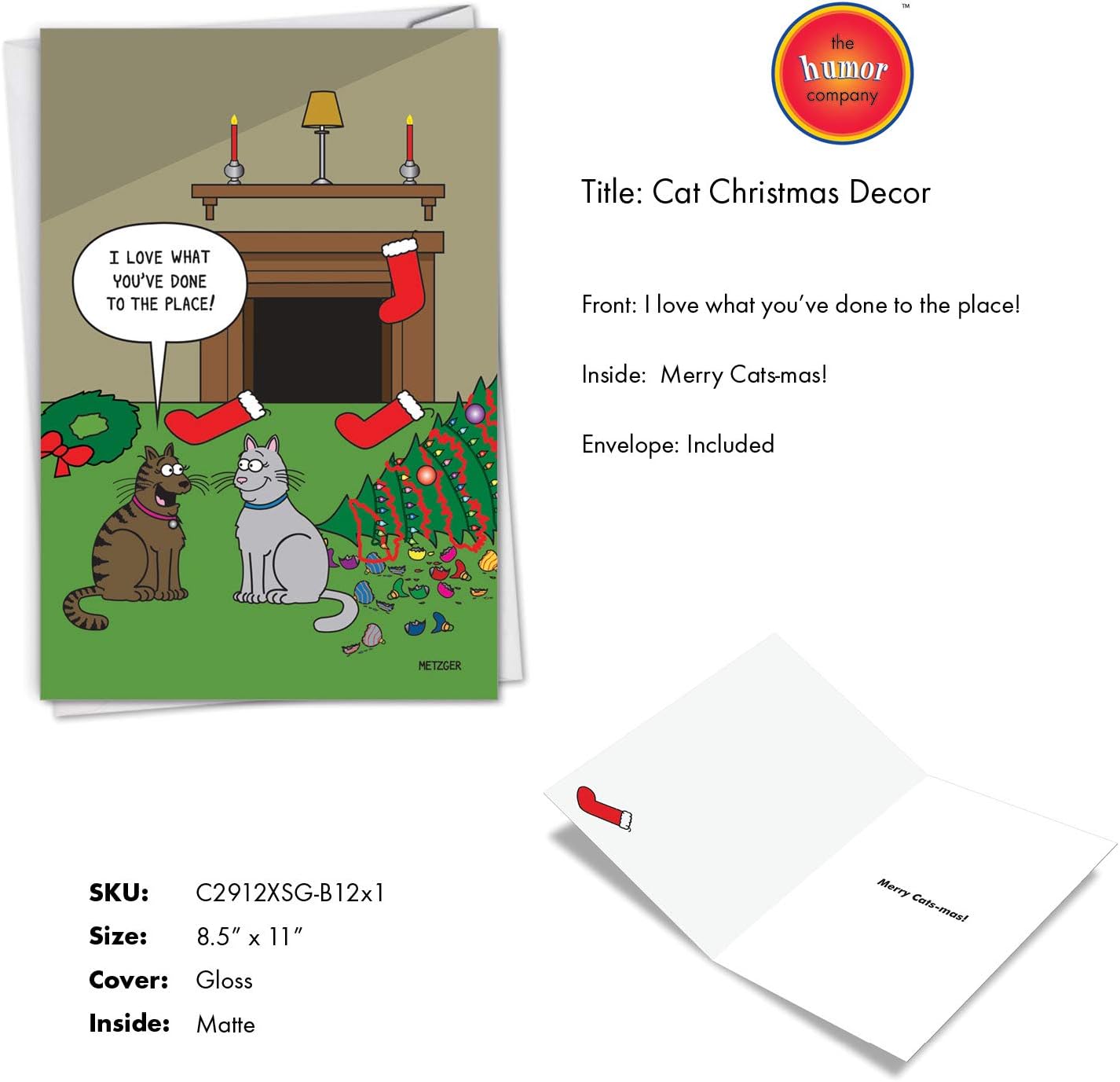 NobleWorks Pack of 12 Funny Christmas Greeting Cards with Envelopes, Humor Holiday for Men and Women (1 Design, 12 Cards) - Cat Christmas Decor C2912XSG-B12x1