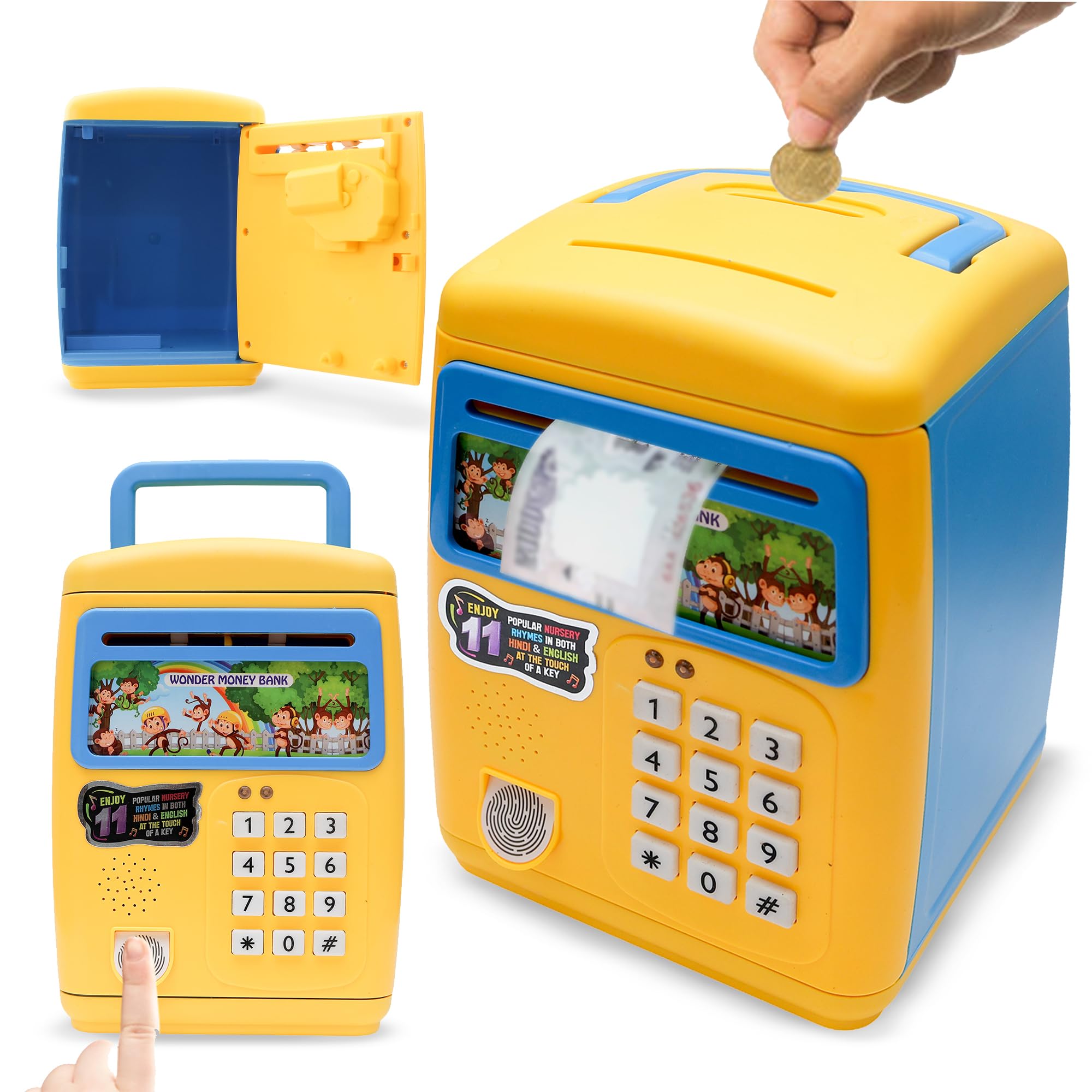 Wembley Finger Print Sensor ATM Piggy Bank for Kids Girl Boys Gullak for Money Bank with Password & Music Auto Scroll Money Saving Box with Coin Cash Slot Gifts for Kids - Blue-image-47