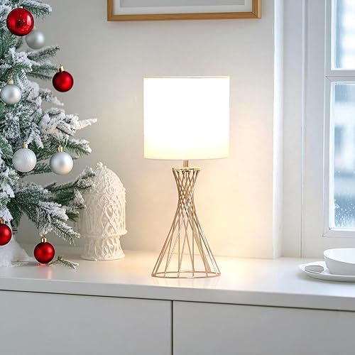 Miniatura 5 de Lámpara de mesa dorada, lámpara de mesita de noche, pequeña lámpara de escritorio bonita, moderna lámpara de noche con pantalla de tela blanca,