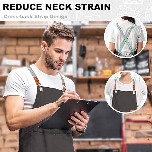 Miniatura 4 de Delantal de chef con pechera para hombre y mujer, correas cruzadas en la espalda con 4 bolsillos para cocina, jardinería, trabajo