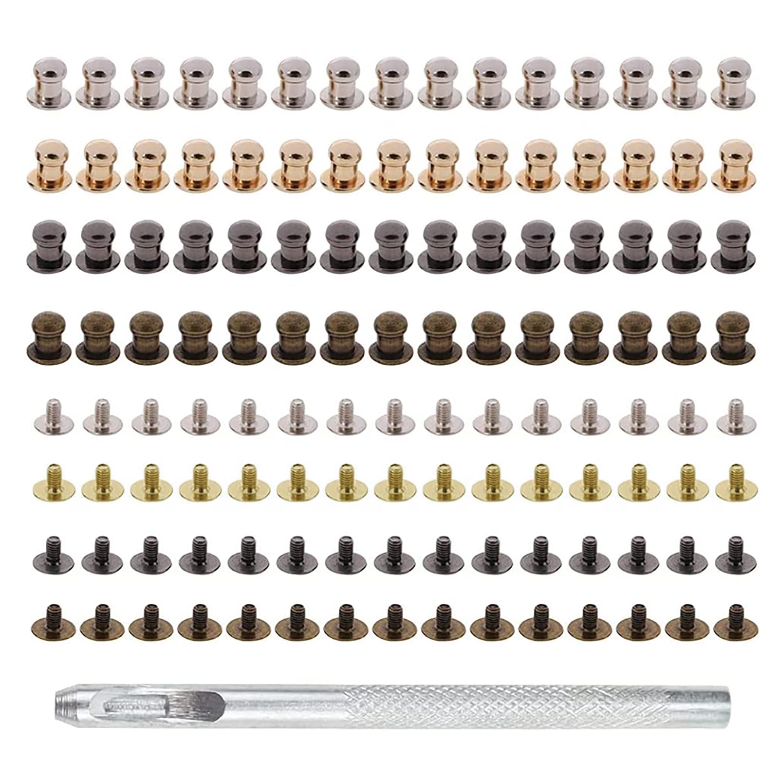 KDSSYFT ギボシ ねじ式 ジョイント金具 スタッド レザークラフト ボタンニップルリベット 革工芸品 留め具 DIY 財布 バックル 金具 手芸 パーツ 4色 黒 古銅 金 銀 (80個セット+穴あけポンチ)
