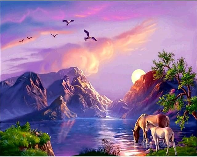 Cross Stitch Kits for Adults with Horse & Sunset Glow, Pre Printed Stamped Counted Cross Stitch Kits for Adults Beginners Kids UK, Cross Stitch Patterns, Embroidery Kit for Adult Beginner