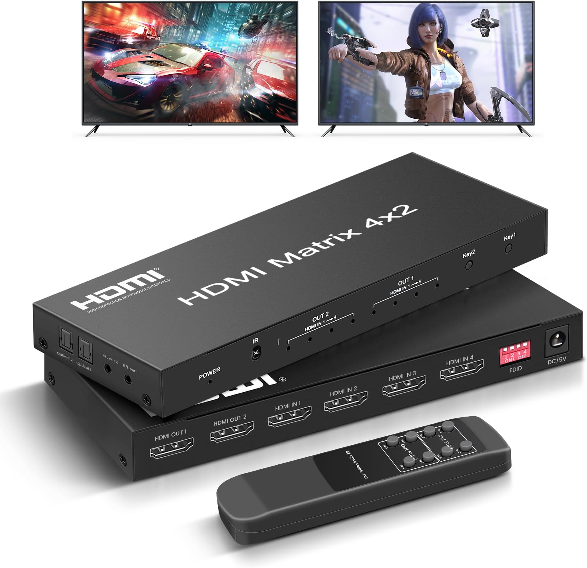 FERRISA 4x2 HDMI Matrix Switch, 4 in 2 Out Matrix HDMI Video Switcher Splitter +Optical & L/R Audio Output,Support Ultra HD 4K, 3D 1080P, Audio EDID Extractor with IR Remote Control