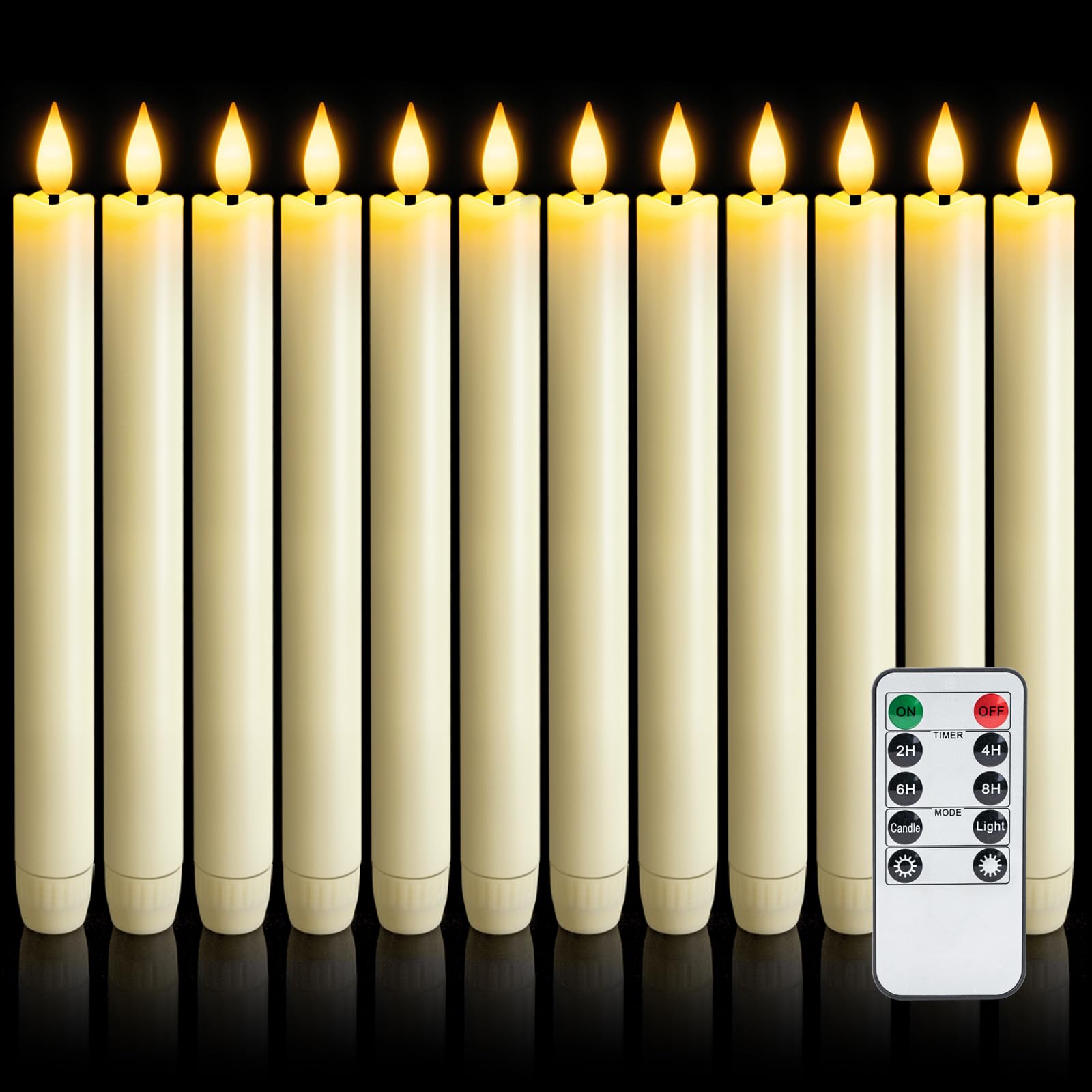 12 velas cónicas sin llama con regulador de temporizador remoto, candelabros LED de plástico marfil de 9.6 pulgadas