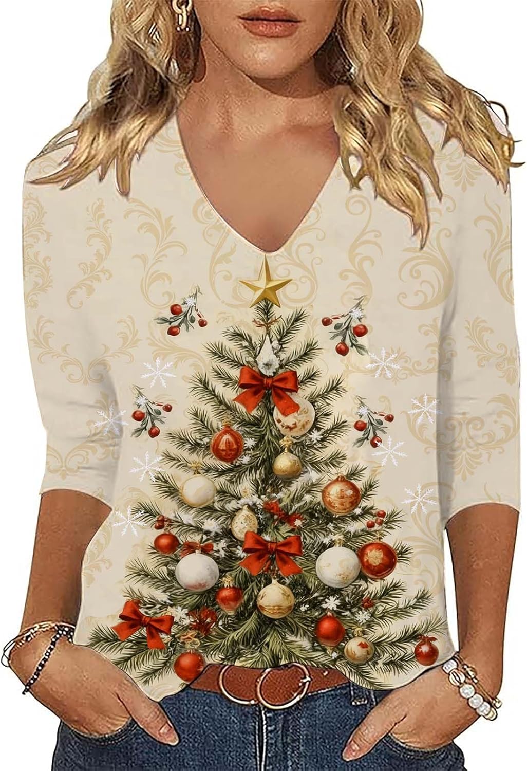 Christmas Shirt for Women 3/4 Sleeve V Neck Xmas Tree Graphic Tee Tops Merry Fall Winter Loose Fit Cute Blouse