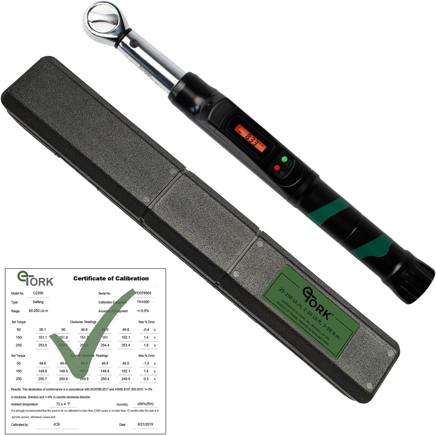 eTORK 3/8Inch Drive Click Style Electronic Torque Wrench (Range 25