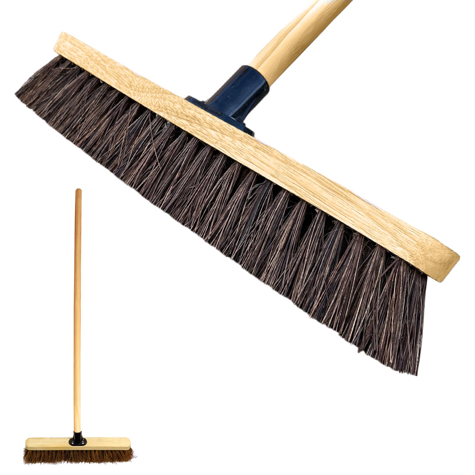 LS 18” Outdoor Garden Broom Heavy Duty Yard Brush with Wooden Handle Natural Stiff Bassine Bristles & Metal Support Bracket Outdoor Cleaning & Sweeping (PACK OF 1, 18" Stiff Natural Bassine Bristles)