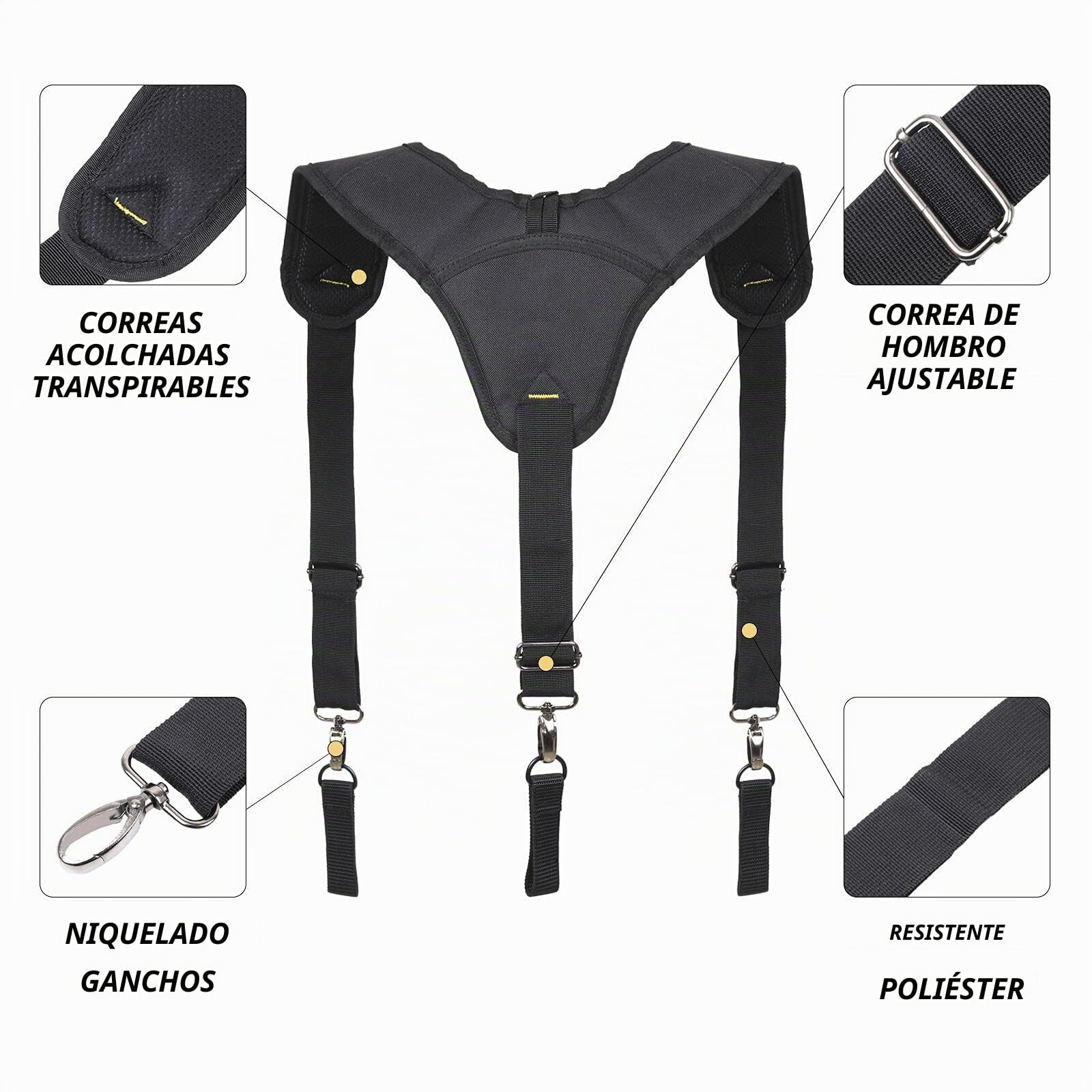 Tirantes de cinturón de herramientas resistentes y duraderos, ajustables con tirantes acolchados de 3 puntos para carpintero, electricista, equipo de