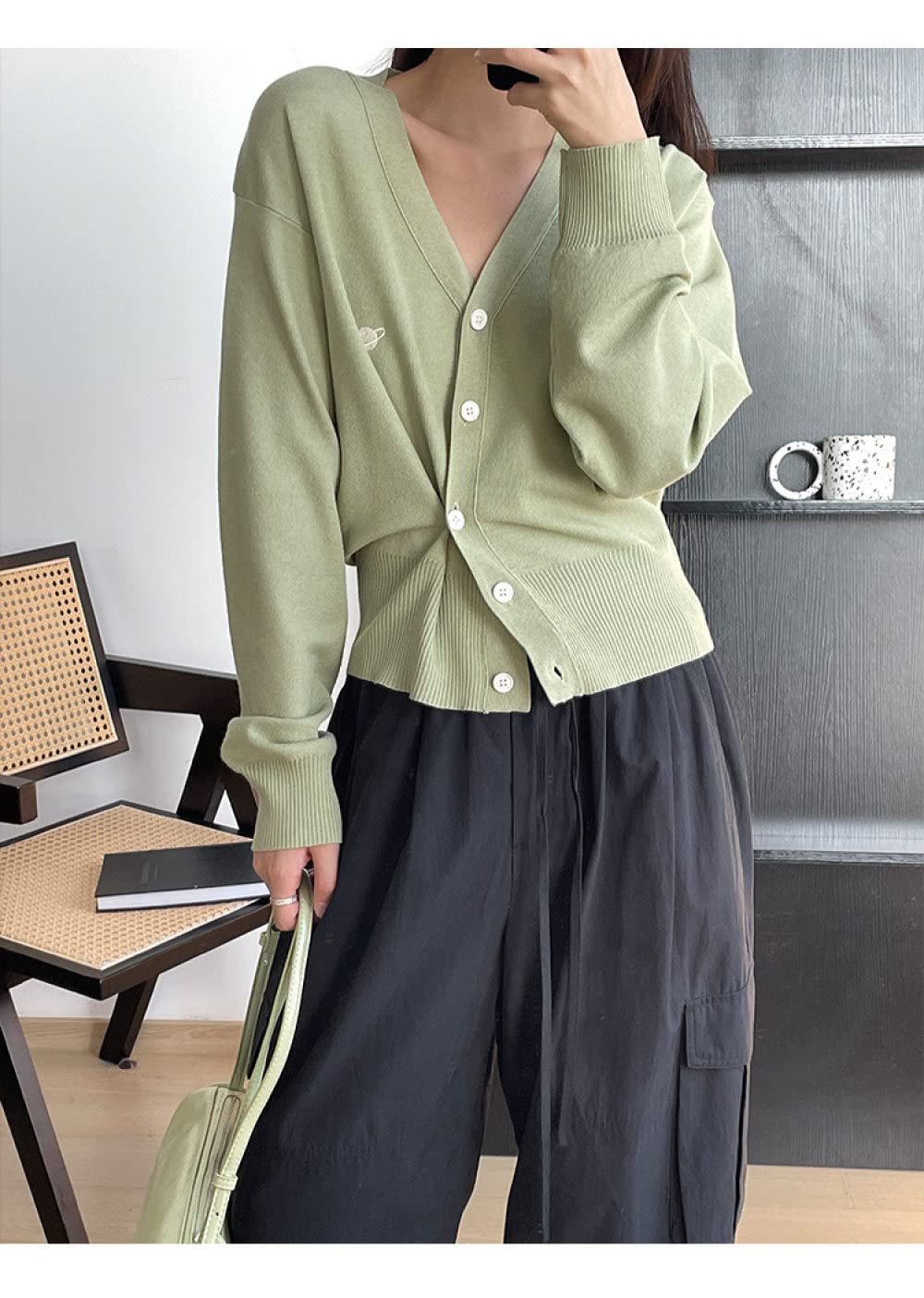 Strickjacke Damen,Damen-Strickjacken Mantel Stilvolle Salbeigrüne Planetenstickerei V-Ausschnitt Pullover Strickjacke Langarm Seitenknöpfe Open Front Strickjacke Frühling Lose Strickoberbekleidun
