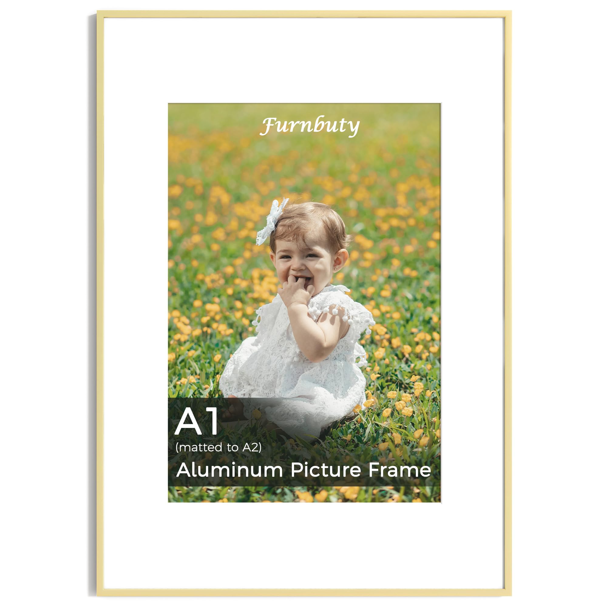 A1 Frame, Premium Aluminum Frame with Removable Mat for A2 or A1 Photo, A1 Picture Frame for Large Photos Posters Canvas Art Art Prints, Wall Mountable for Home&Office Décor, Gold 1 Pack