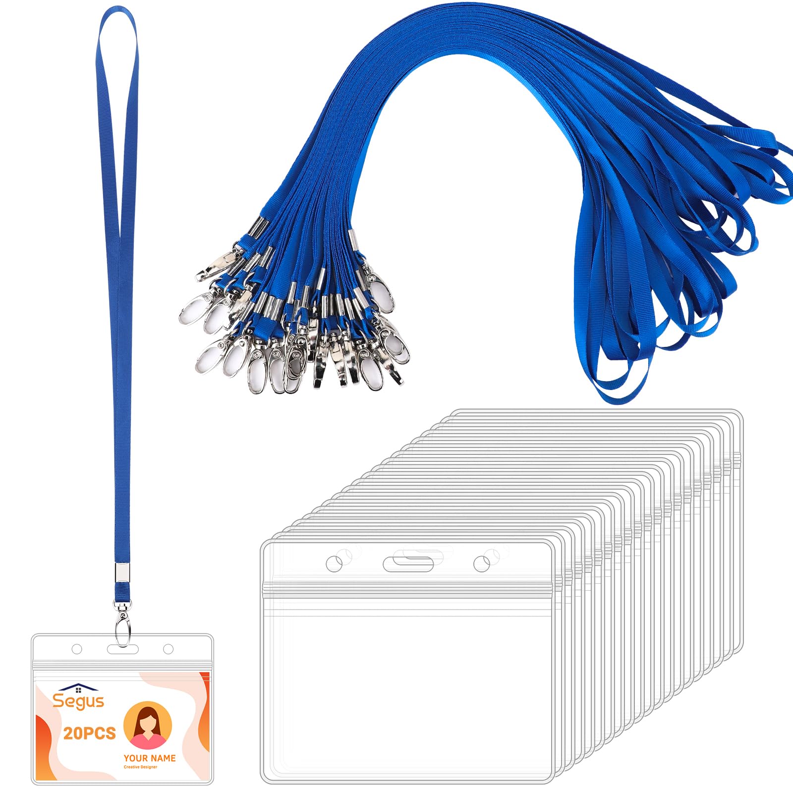 Segus Acreditaciones Colgantes, 20 Piezas Lanyard Azul con Fundas Tarjetas Identificativas, Transparente e Impermeable, Cinta Cuello Llaves para Profesores, Enfermeras y Estudiantes (Horizontal)