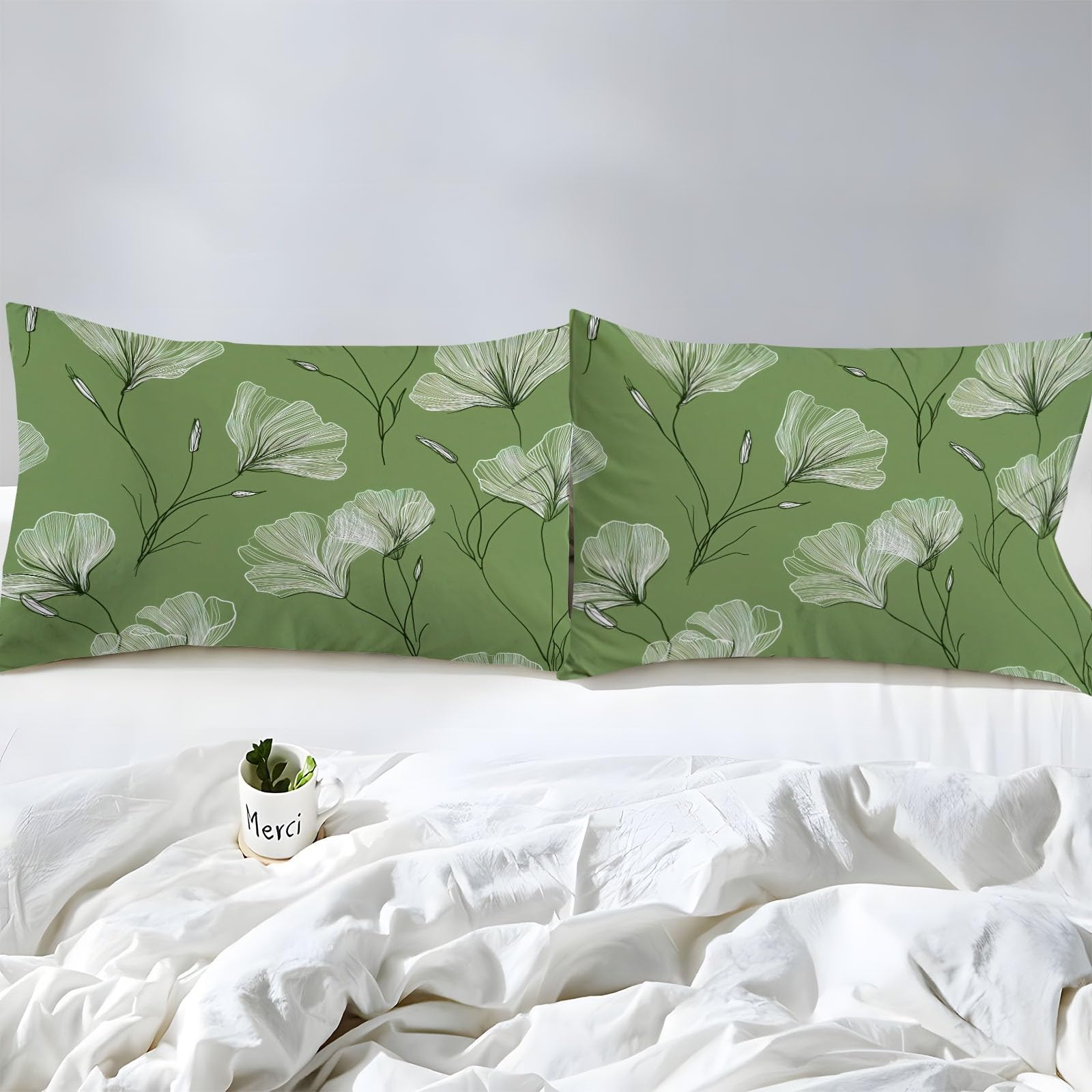 Zielone prześcieradło z gumką 180 x 200 cm minimalizm dzikie kwiaty linie, miękkie i można prać w pralce prześcieradło pod narożnikami elastyczne do wysokości materaca do 30 cm