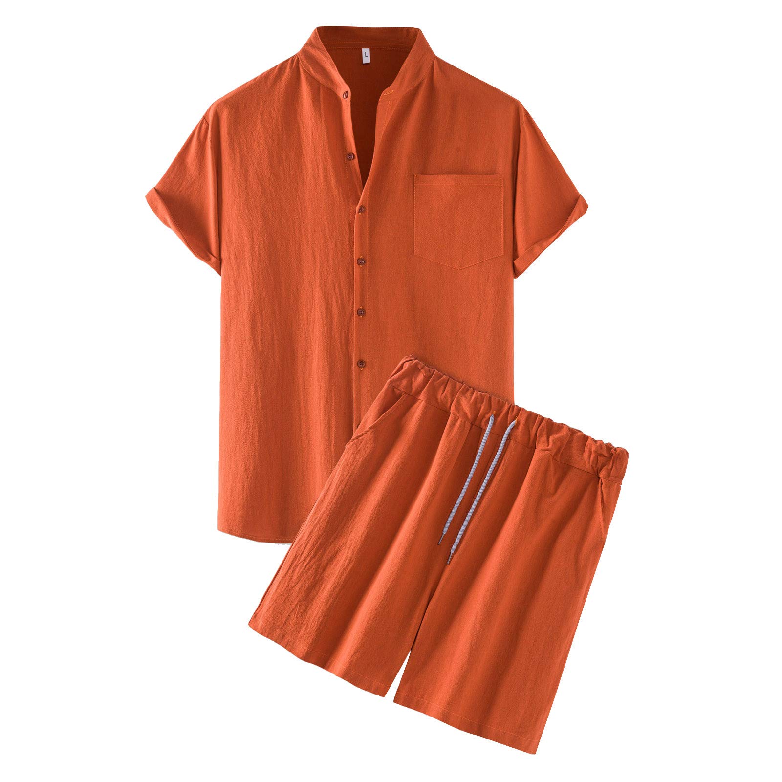 BITOPYTOPSIY Conjunto de Deporte para Hombre,Cuello de Pico Algodón y lino Estilo playa Bolsillo Cordón Botones Color Sólido Casual Movimiento Pijama