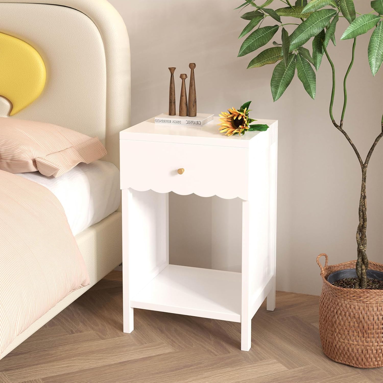 26“ Modern White Nightstand with Drawer and Open Shelf, Scalloped Edge Bedside Table for Bedroom, Cute Minimalist Side Table for Girls' Room (White)
