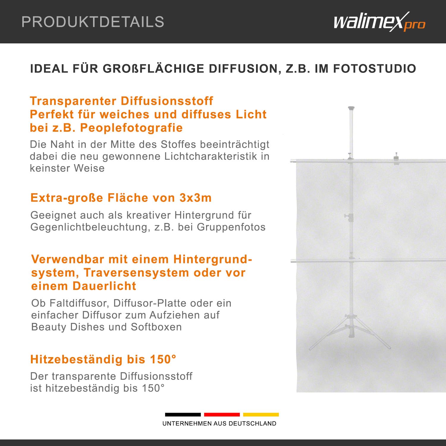 Walimex Diffusor Stoff 3 x 3 m, transparenter Lichtformer für weiches, diffuses Licht, hitzebeständig, als Fotohintergrund nutzbar, ideal für Fotostudio