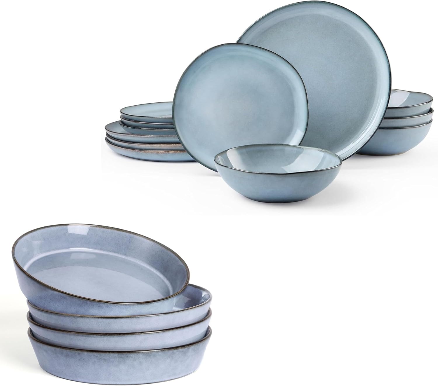 HaWare 16-Piece Dinnerware Sets, Stoneware Plates and Bowls Set for 4, Ceramic Dish Set, Dinner Set for Home Restaurant, Chip and Crack Resistant, Microwave and Dishwasher Safe, Reactive Blue
