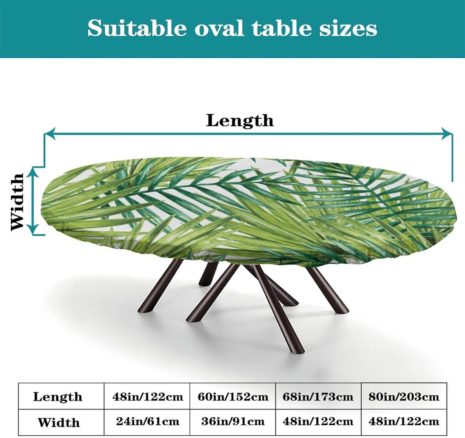 Oval Fitted Tablecloth with Elastic Edge,Watercolor Tropical Palm Leaves Colorful Polyester Washable Table Cloth, for Kitchen Dining Tabletop Decoration,Fits for 48 x 68”Oval Table