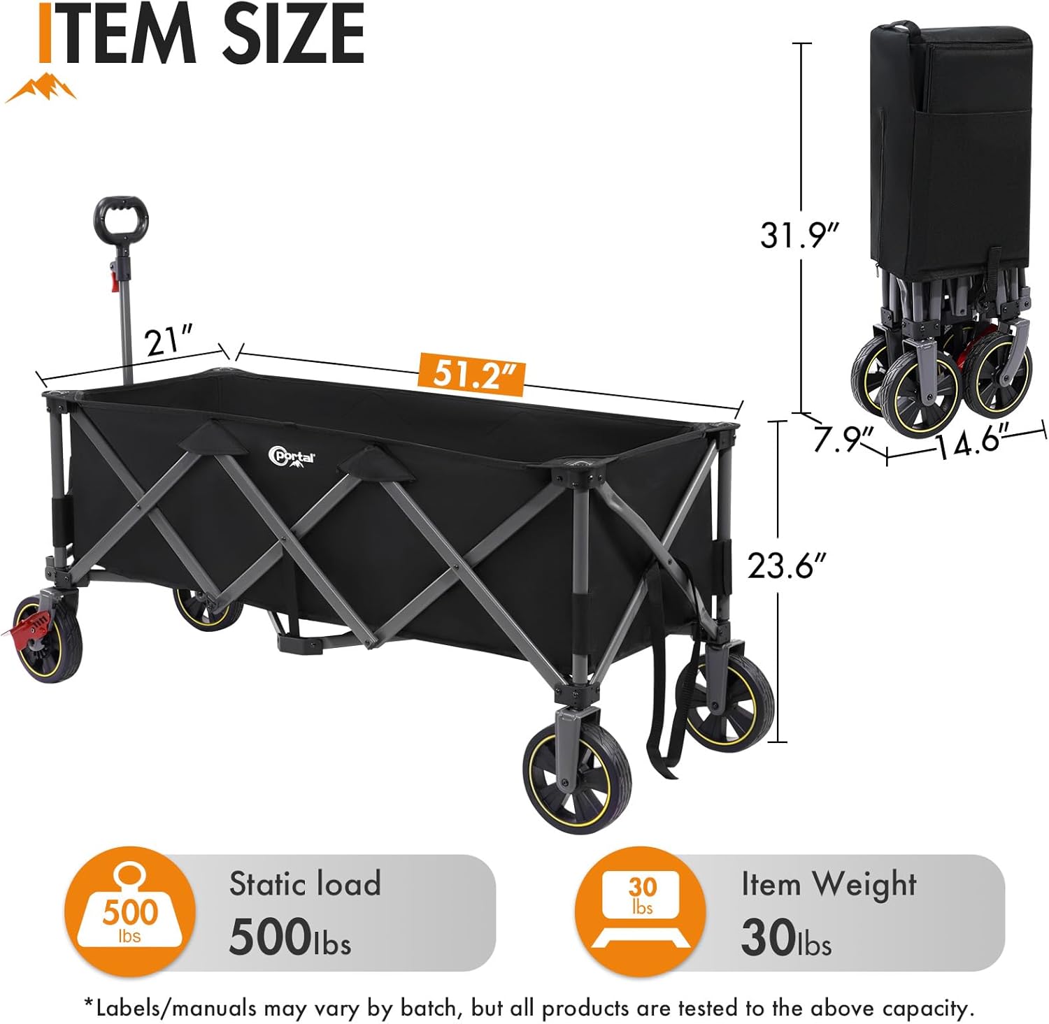Portal 51.2" Long Wagons Carts Foldable with Brakes, Large Foldable Wagon with Cargo Net, Side Pocket, Cup Holders, 500 LBs Heavy Duty Utility Grocery Wagons for Sports, Camping