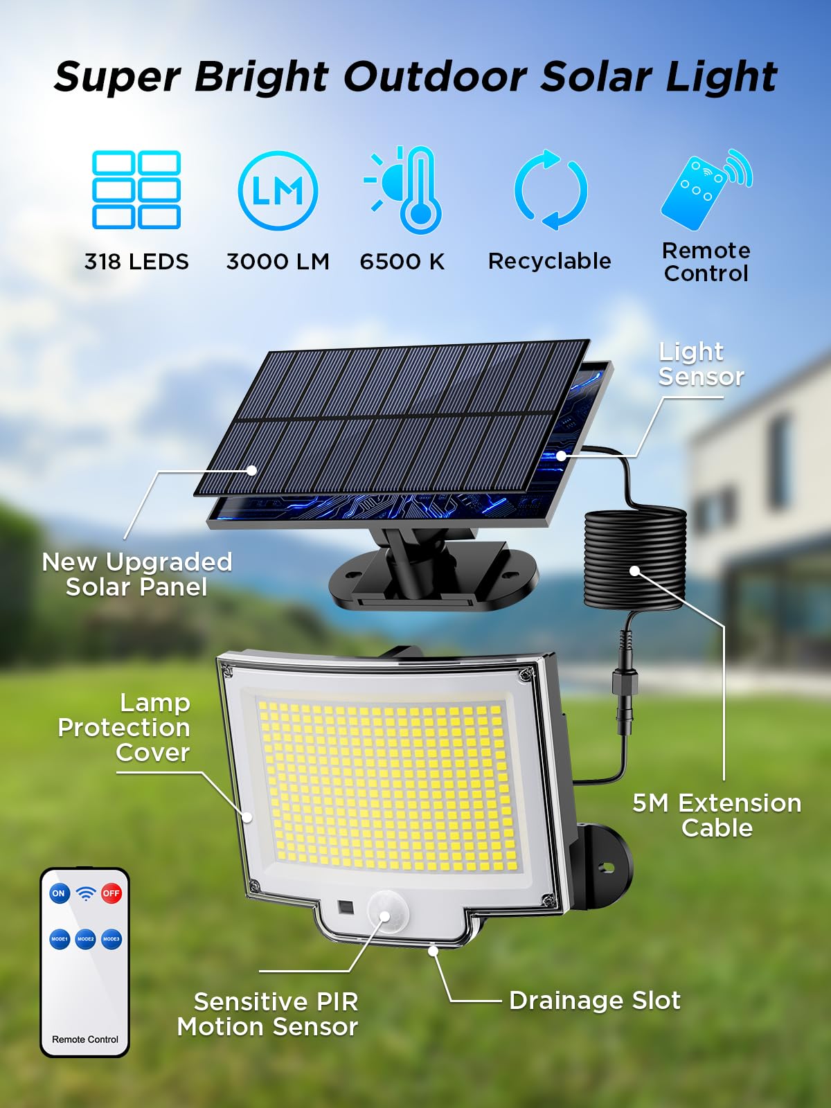 SIGRILL Faretti Solari a LED da Esterno con Sensore di Movimento, 318 LED Luce Solare Led Esterno con 3 Modes, 5M Cavo, Lampada Solare da Esterno (2 Pezzi - 318LED Bianco Caldo)
